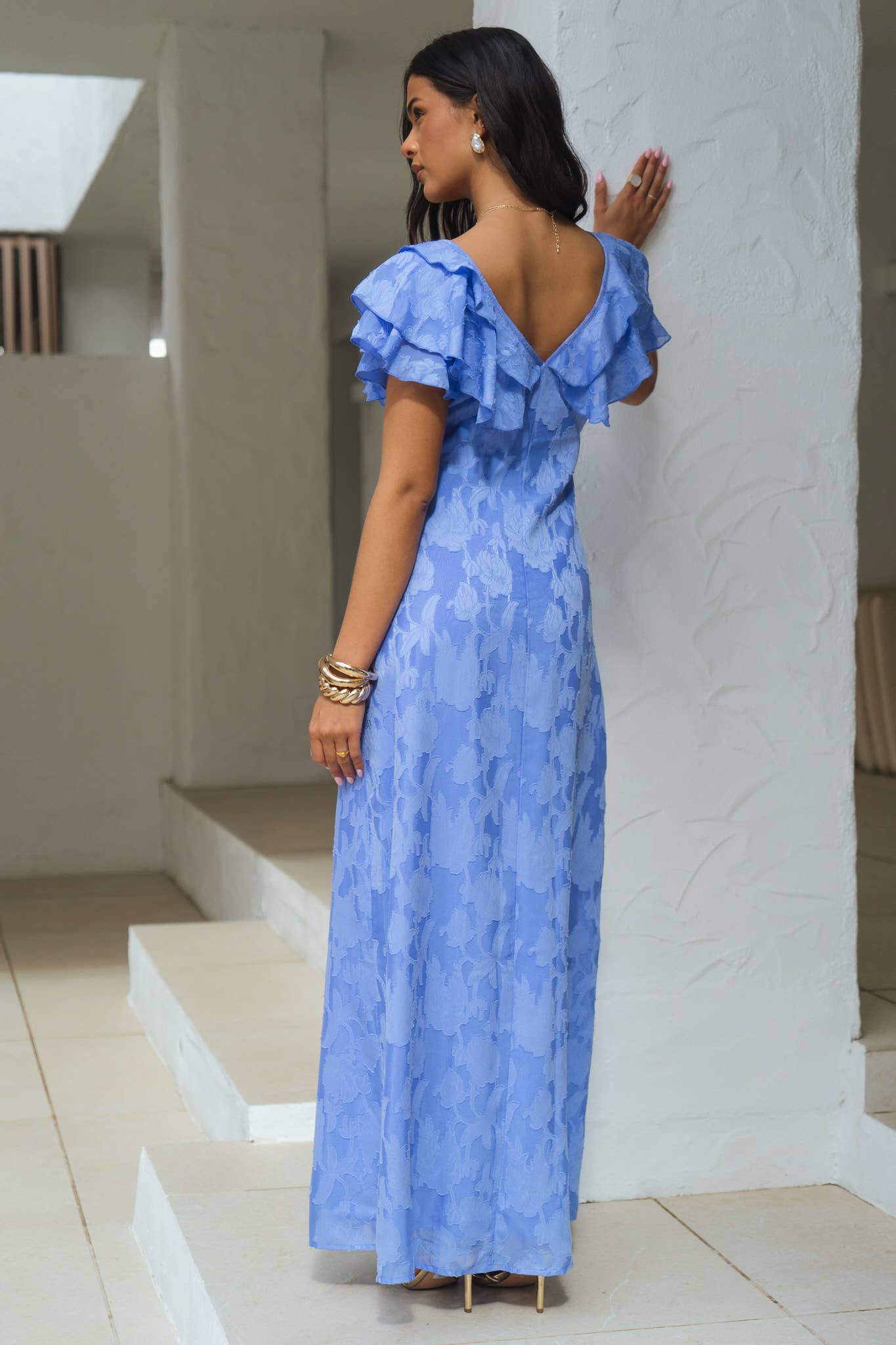 Blue Satin Jacquard Ruffle Maxi Dress