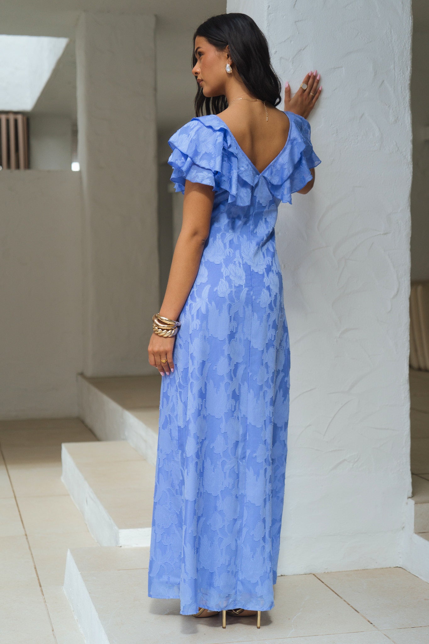 Blue Satin Jacquard Ruffle Maxi Dress