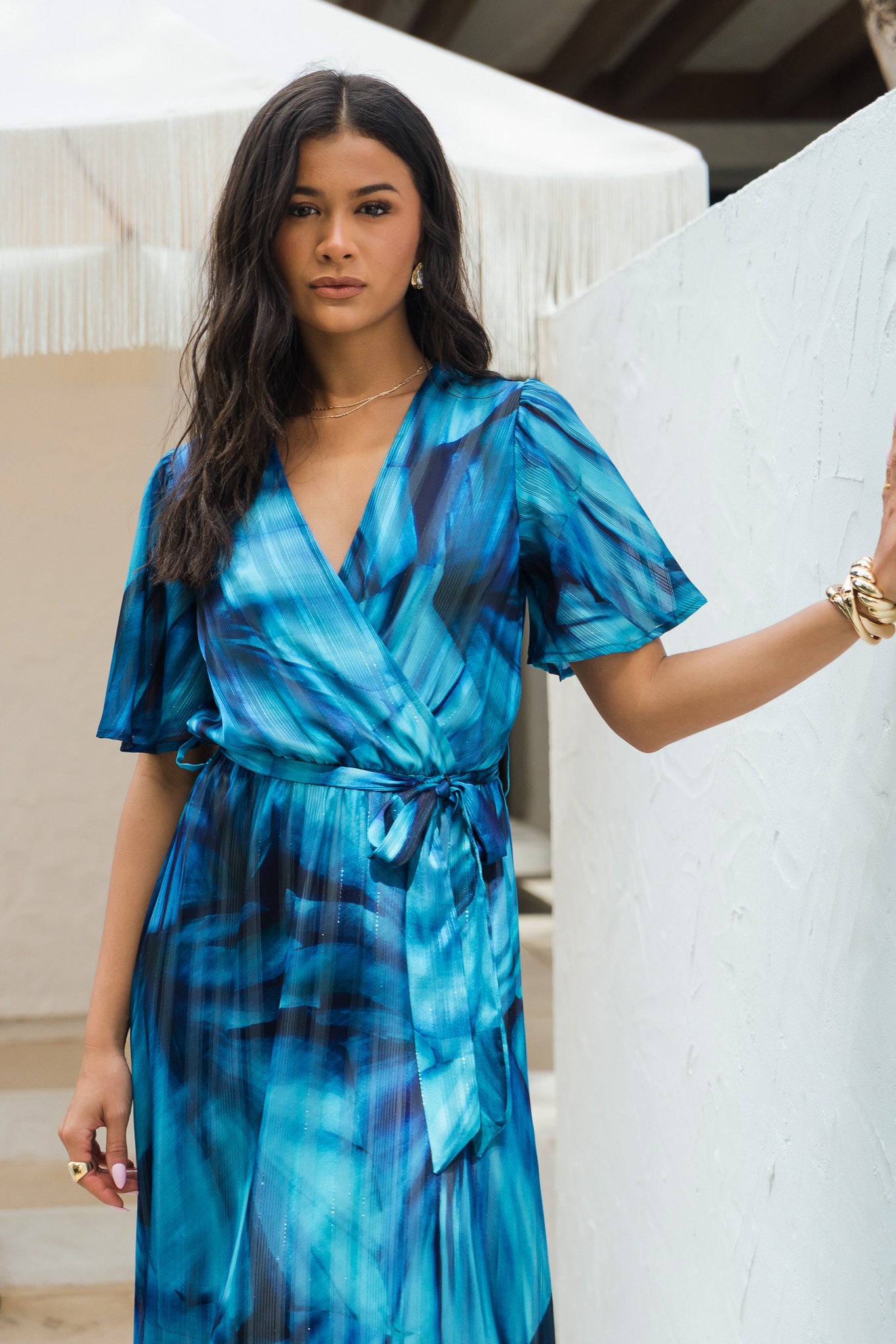 Blue Tie Dye Print Wrap Midi Dress