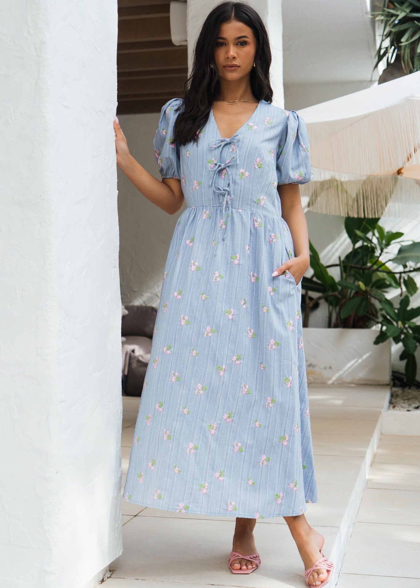 Cotton Mix Tie Detail Puff Sleeves Midi Dress