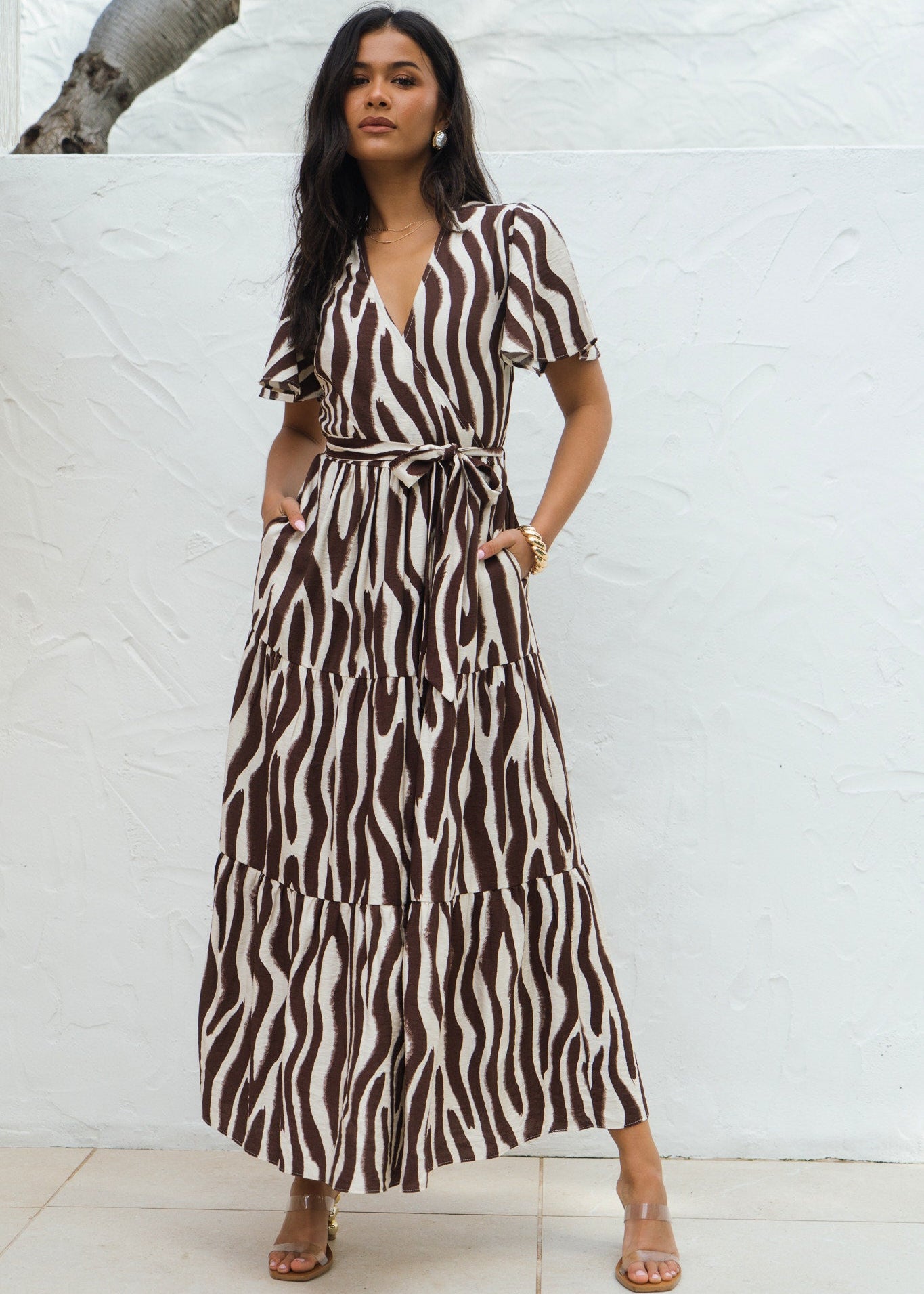 Chocolate Zebra Print Wrap Midi Dress
