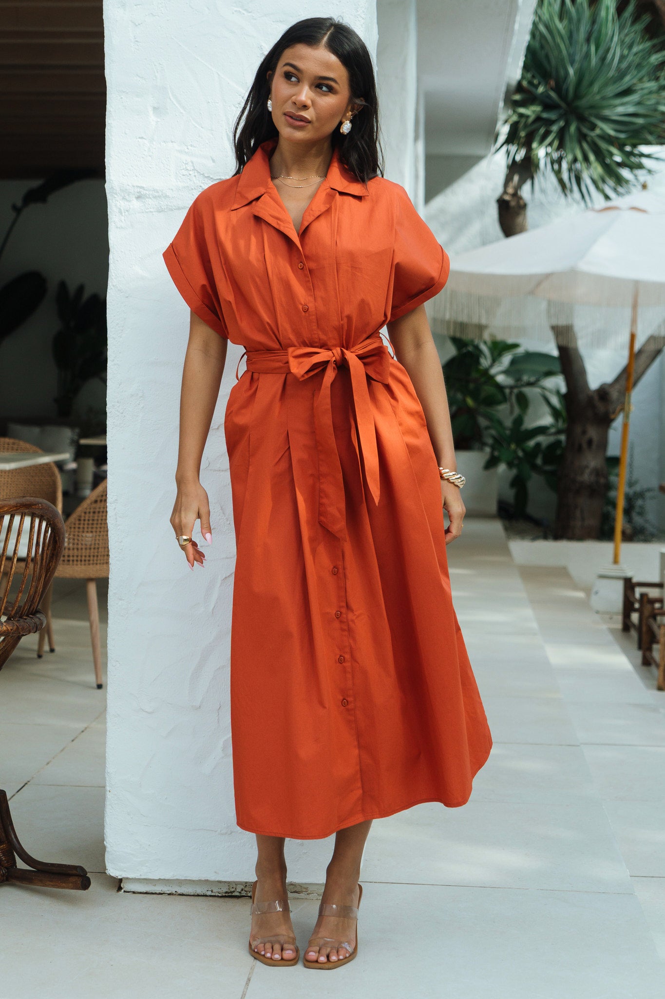 Rust Cotton Button Through Belted Shirt Dress