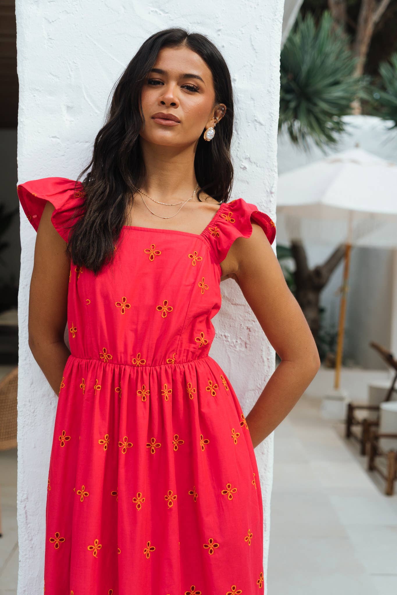 Pink Ruffle Sleeves Broderie Sun Dress