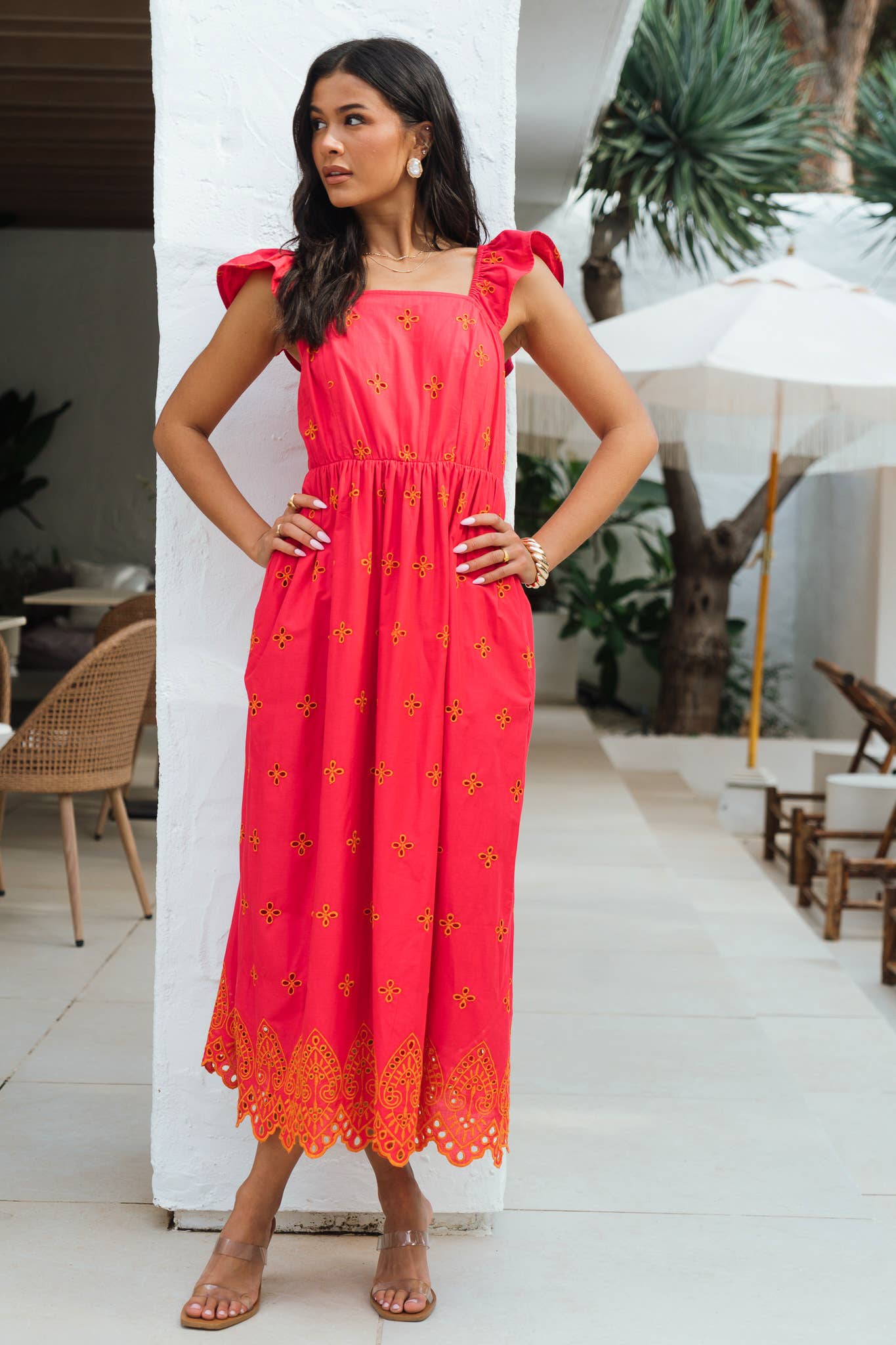 Pink Ruffle Sleeves Broderie Sun Dress