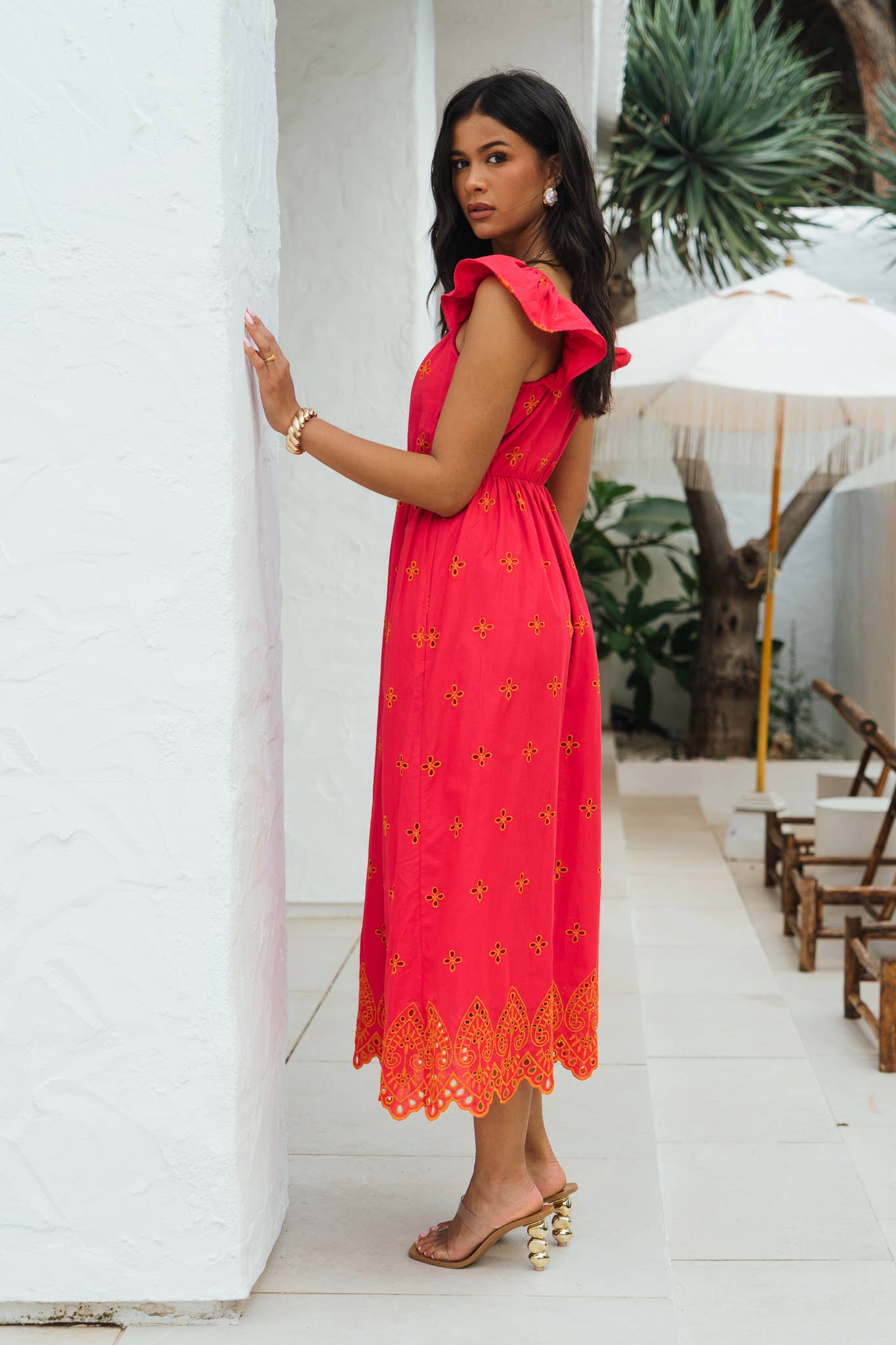 Pink Ruffle Sleeves Broderie Sun Dress