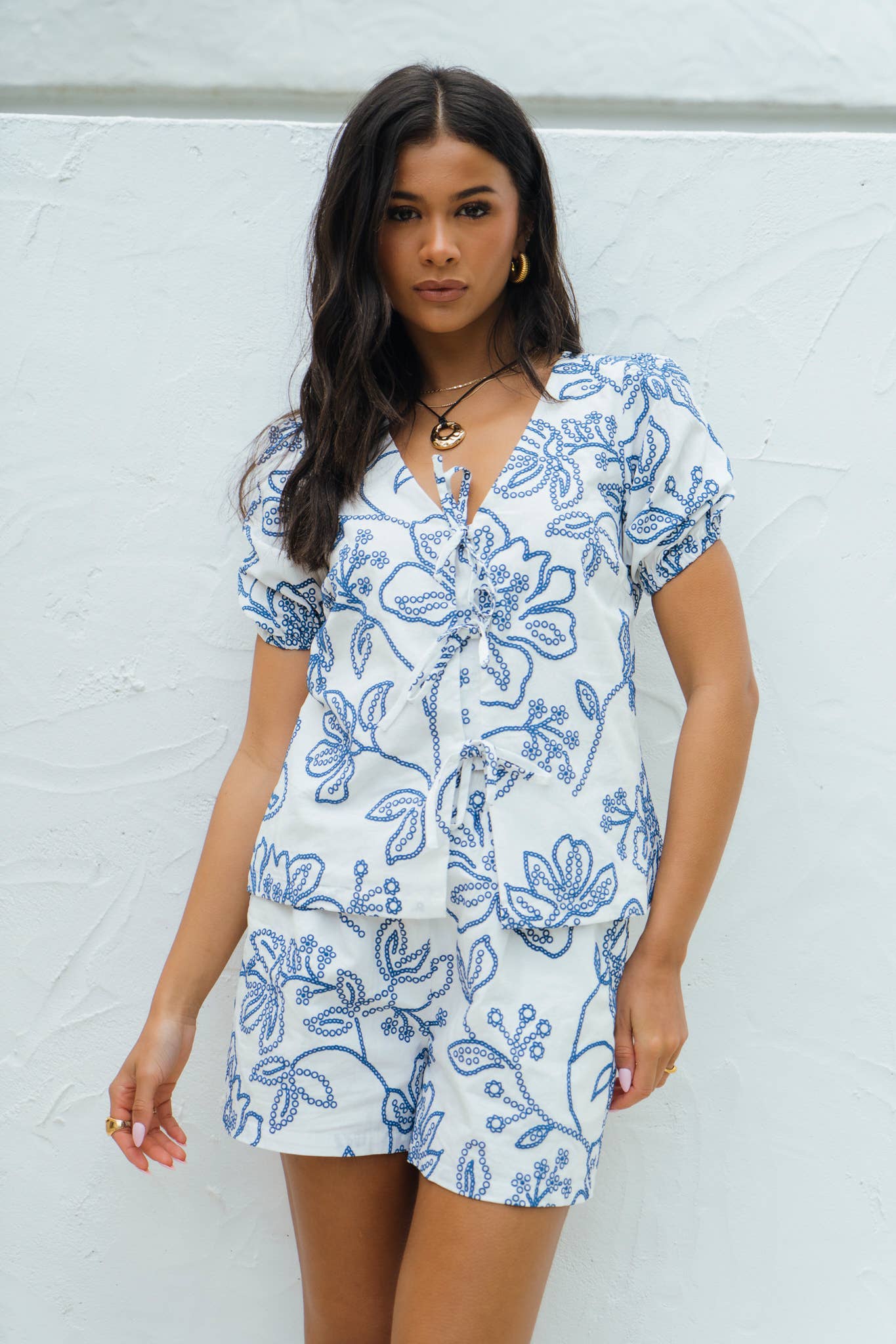 White Textured Floral Print Tie Front Top