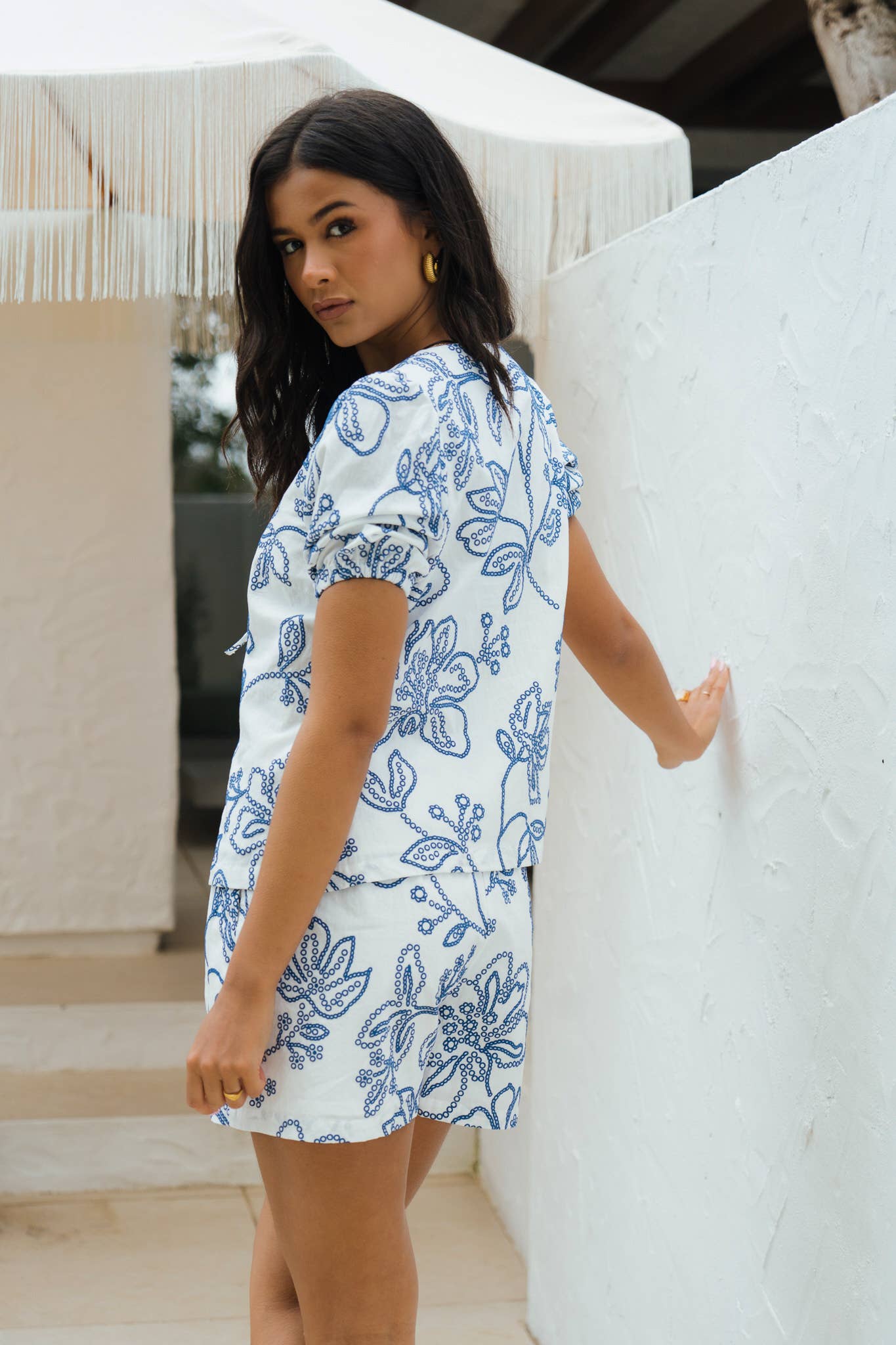 White Textured Floral Print Tie Front Top