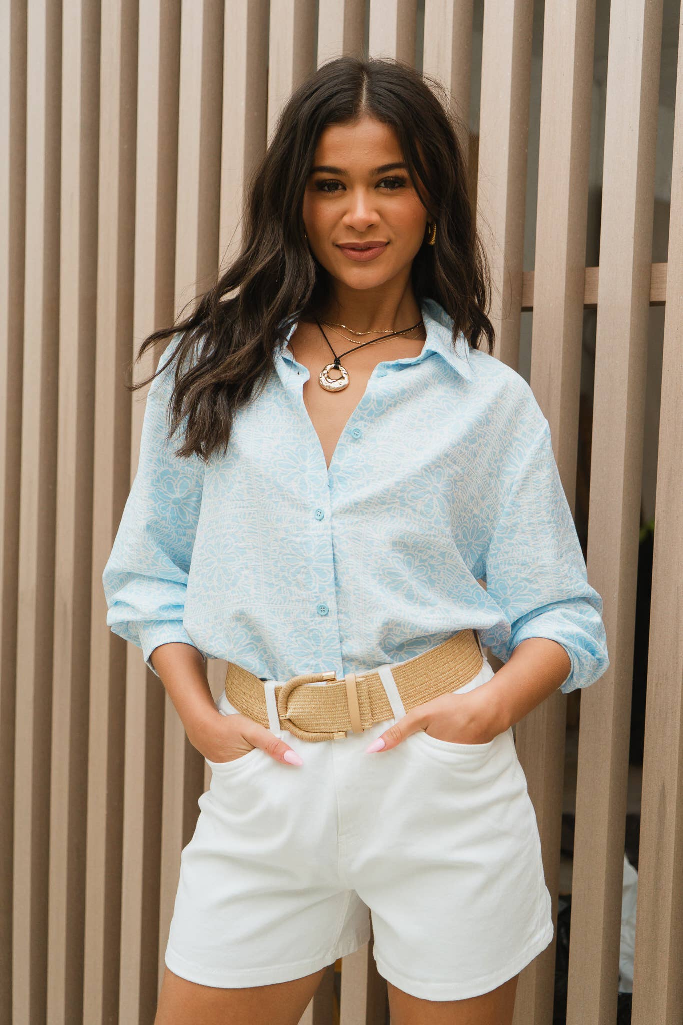 Cotton Mix Blue Tile Print Button-Through Shirt