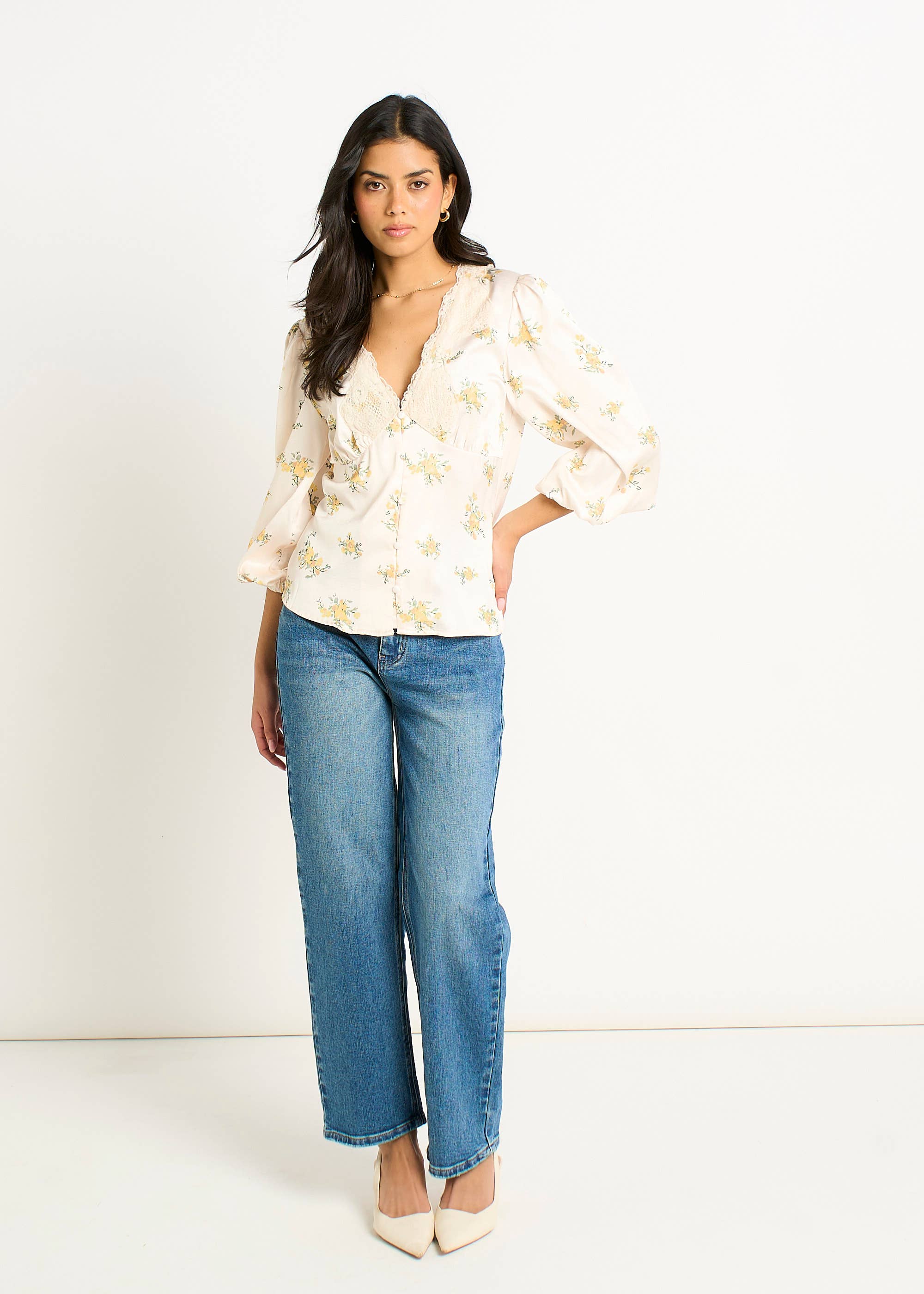 Cream Lace Trim Satin Button Through Blouse