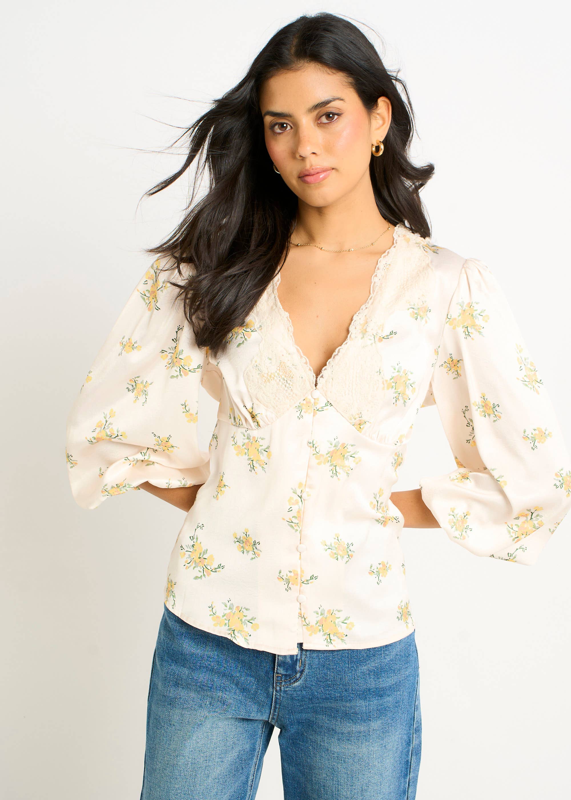 Cream Lace Trim Satin Button Through Blouse