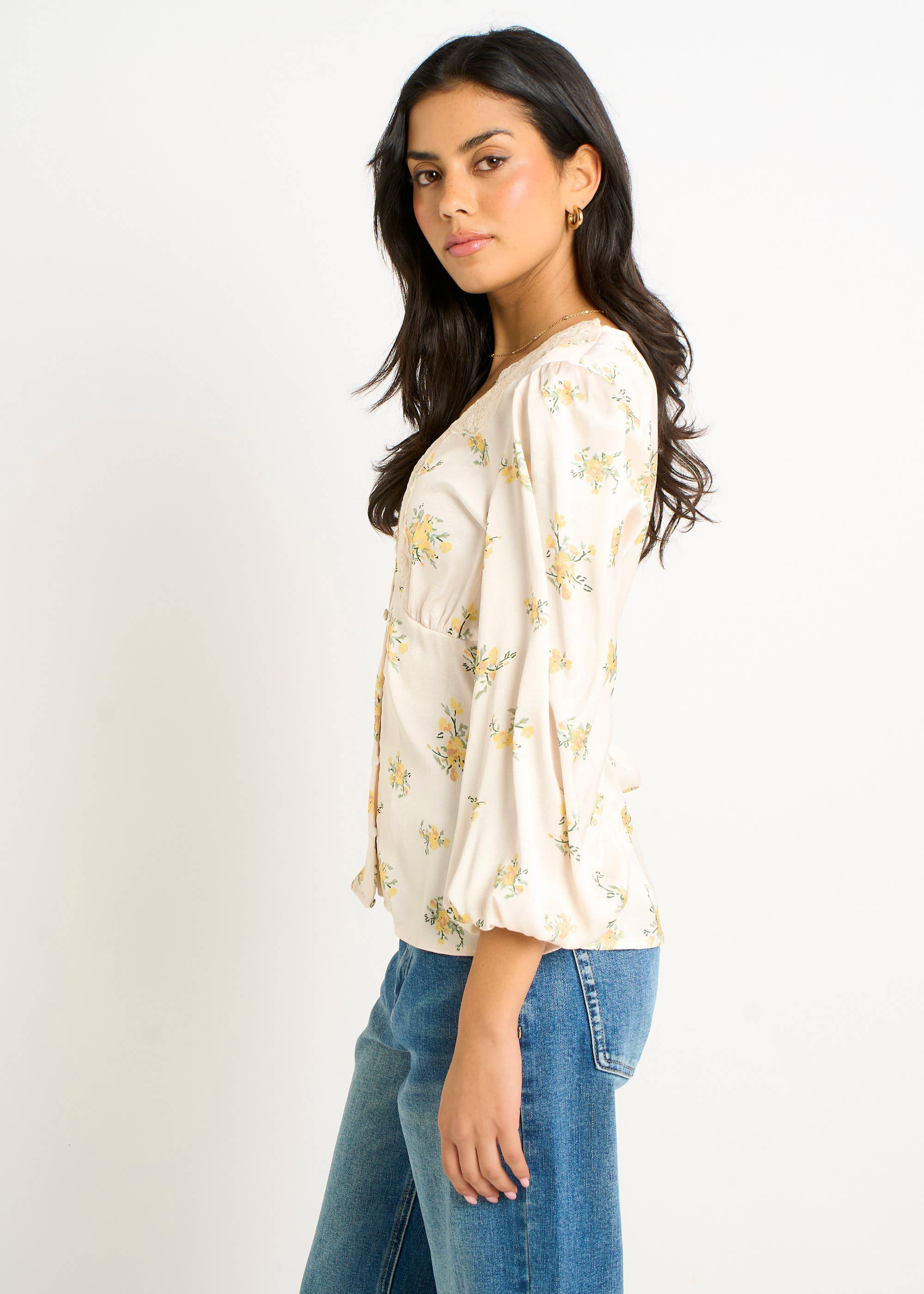 Cream Lace Trim Satin Button Through Blouse