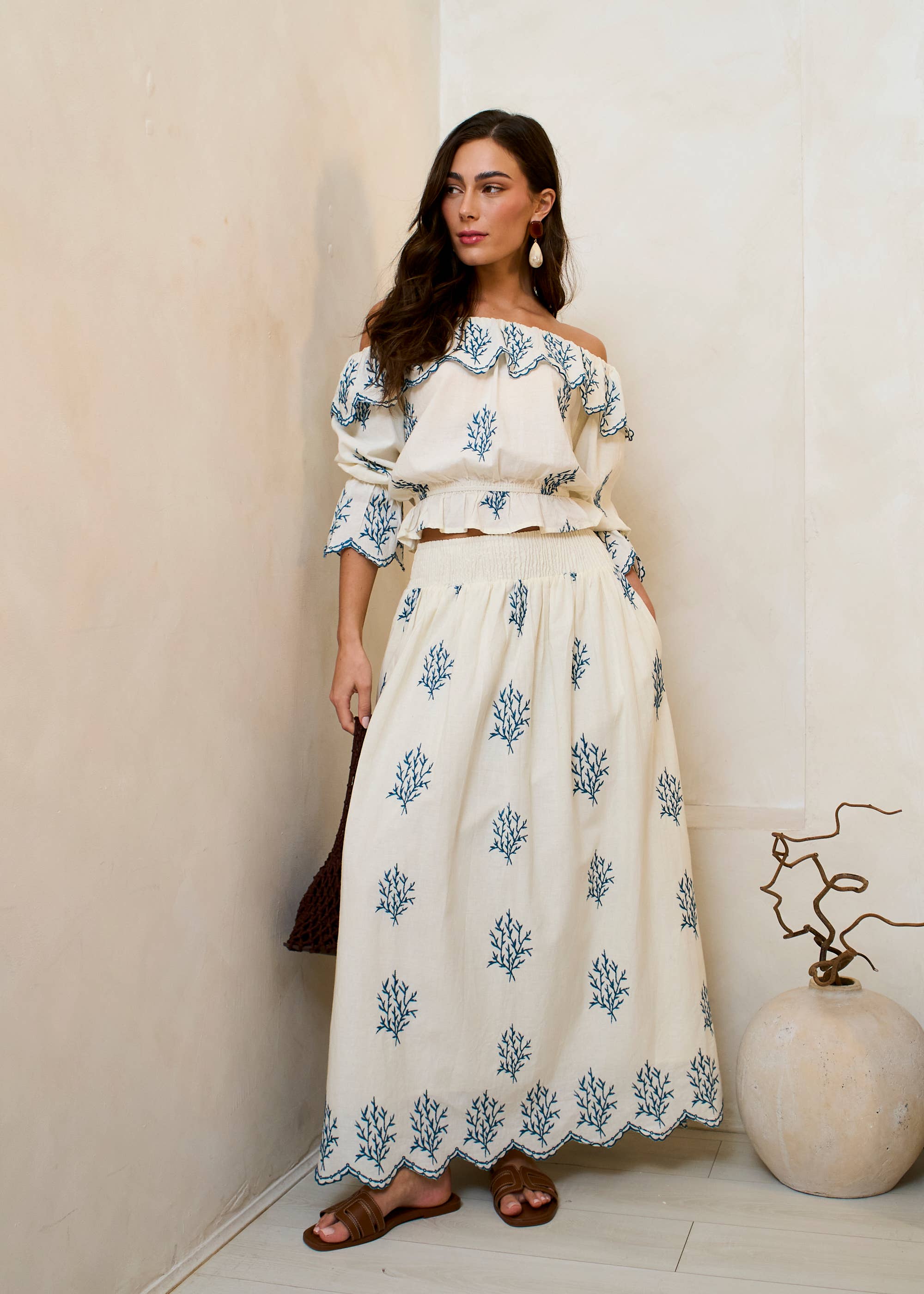 Marshmallow Cotton Embroidered Skater Maxi Skirt