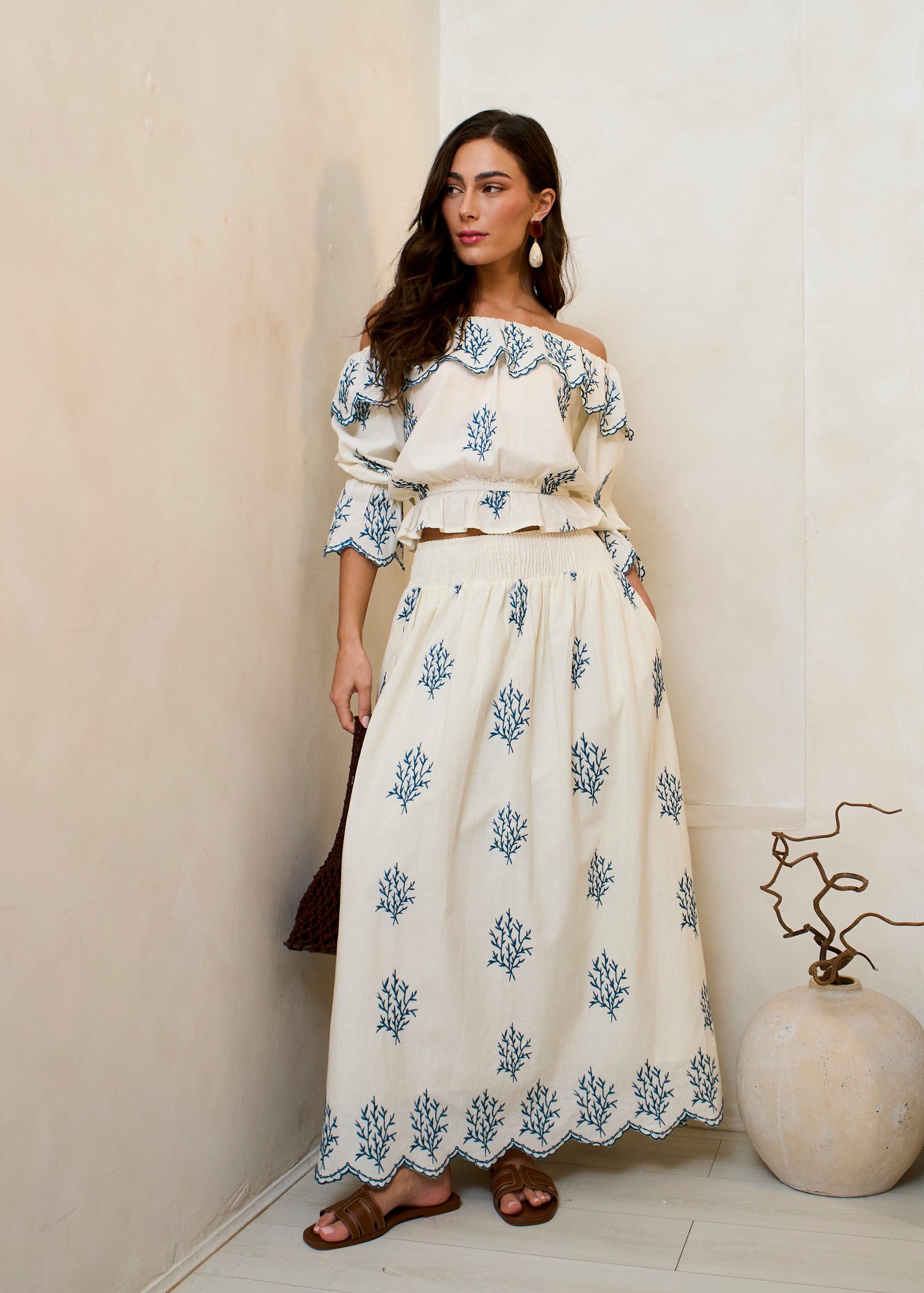 Marshmallow Cotton Embroidered Skater Maxi Skirt