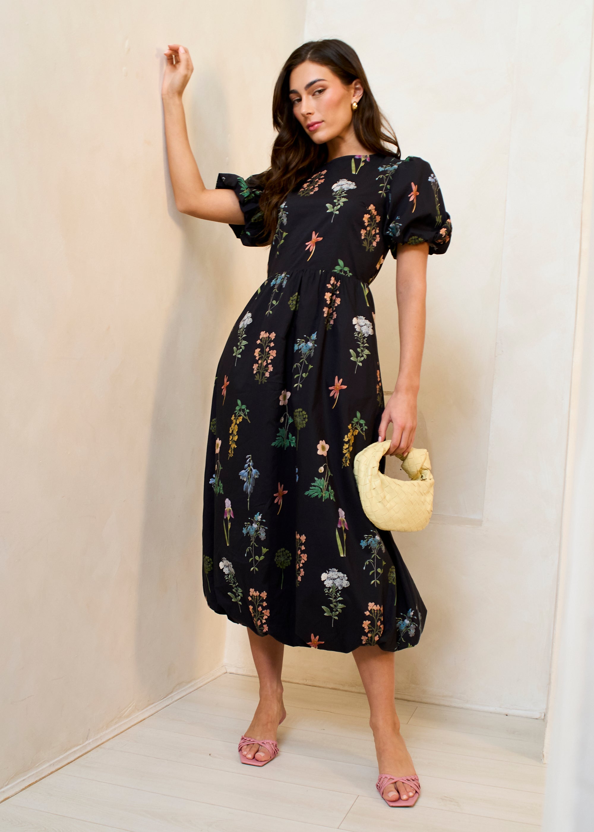 Cotton Floral Print Puff Ball Midi Dress