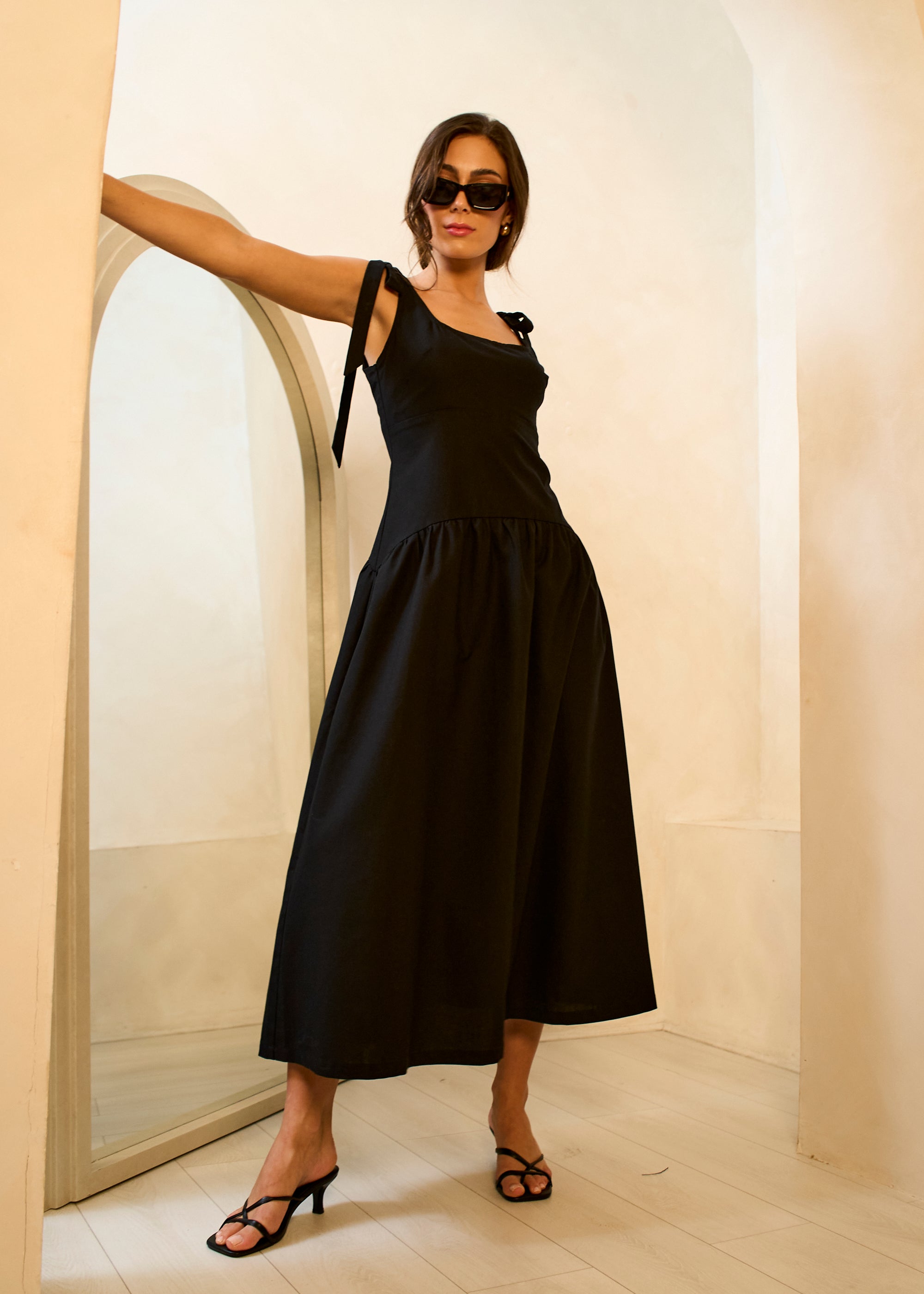 Black Linen Mix Drop Waist Midi Dress