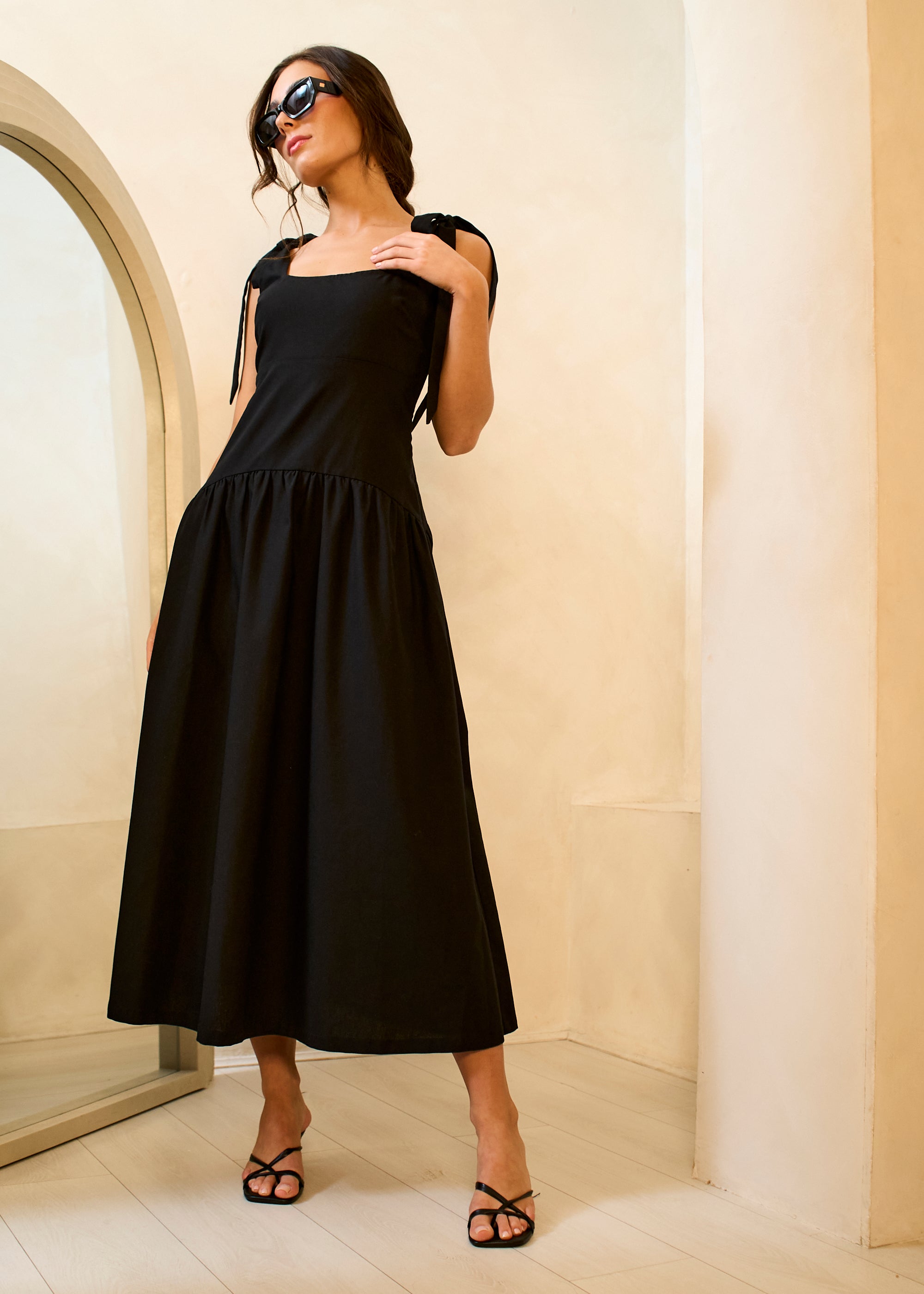 Black Linen Mix Drop Waist Midi Dress