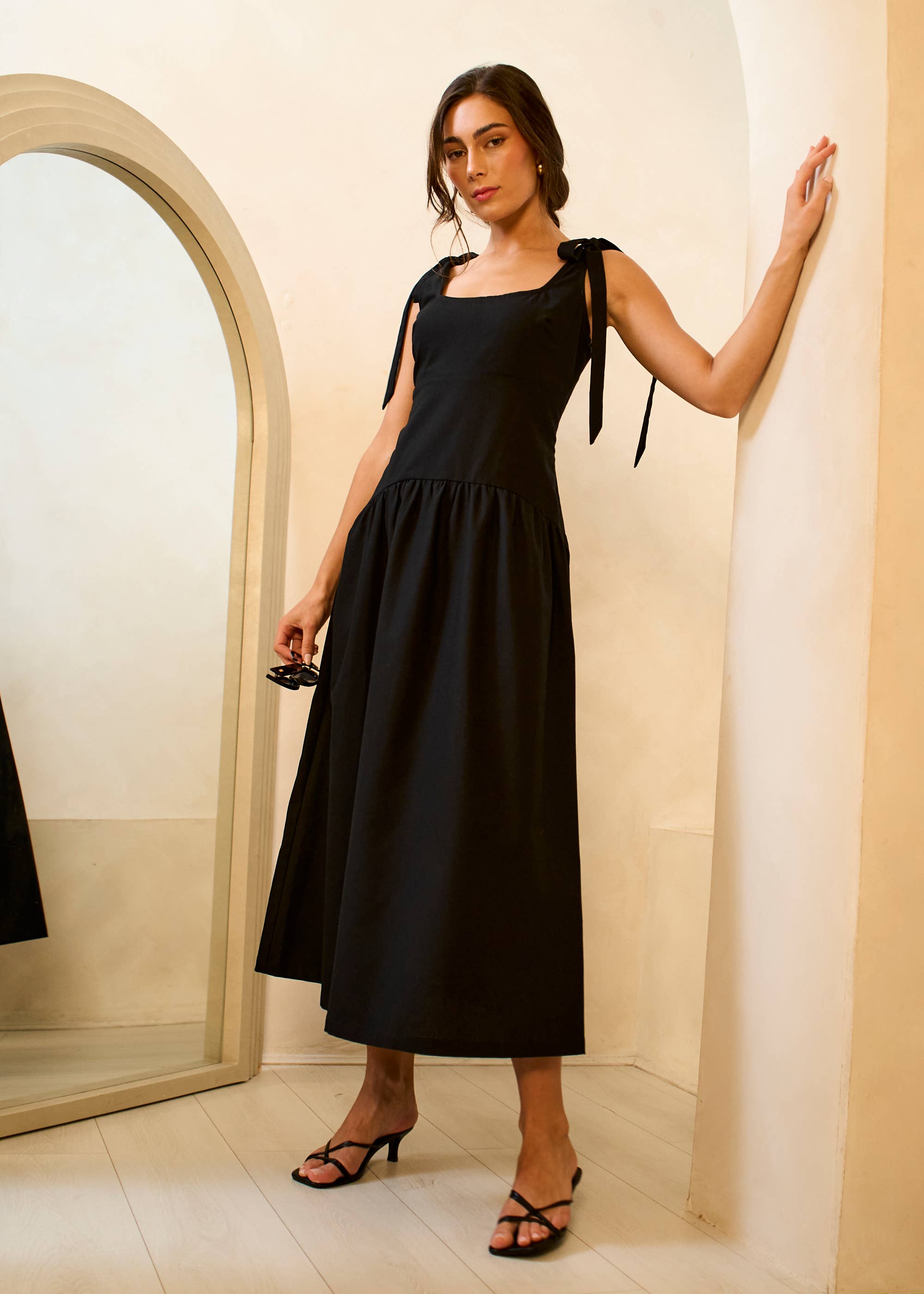Black Viscose and Linen Blend Drop Waist Midi Dress