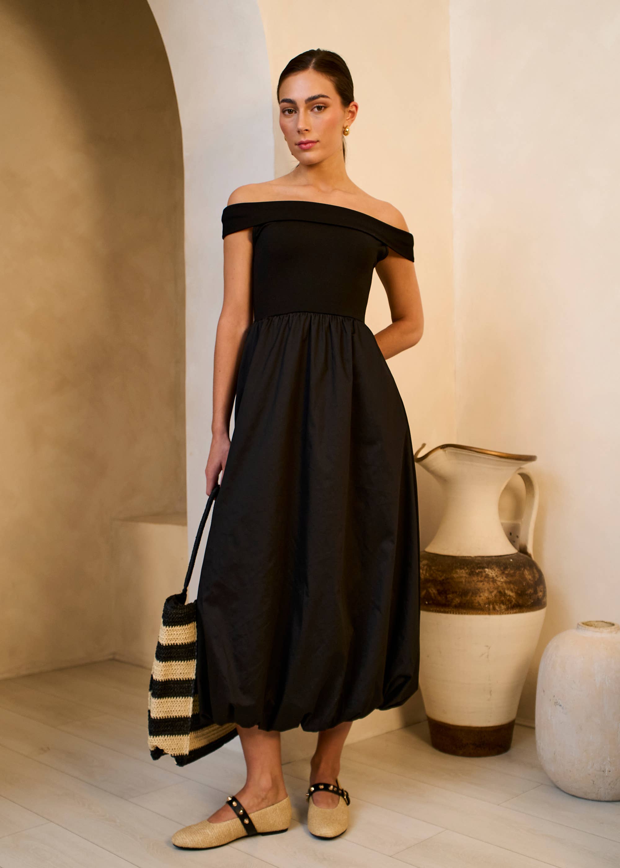 Black Bardot Jersey Mix Bubble Hem Midi Dress