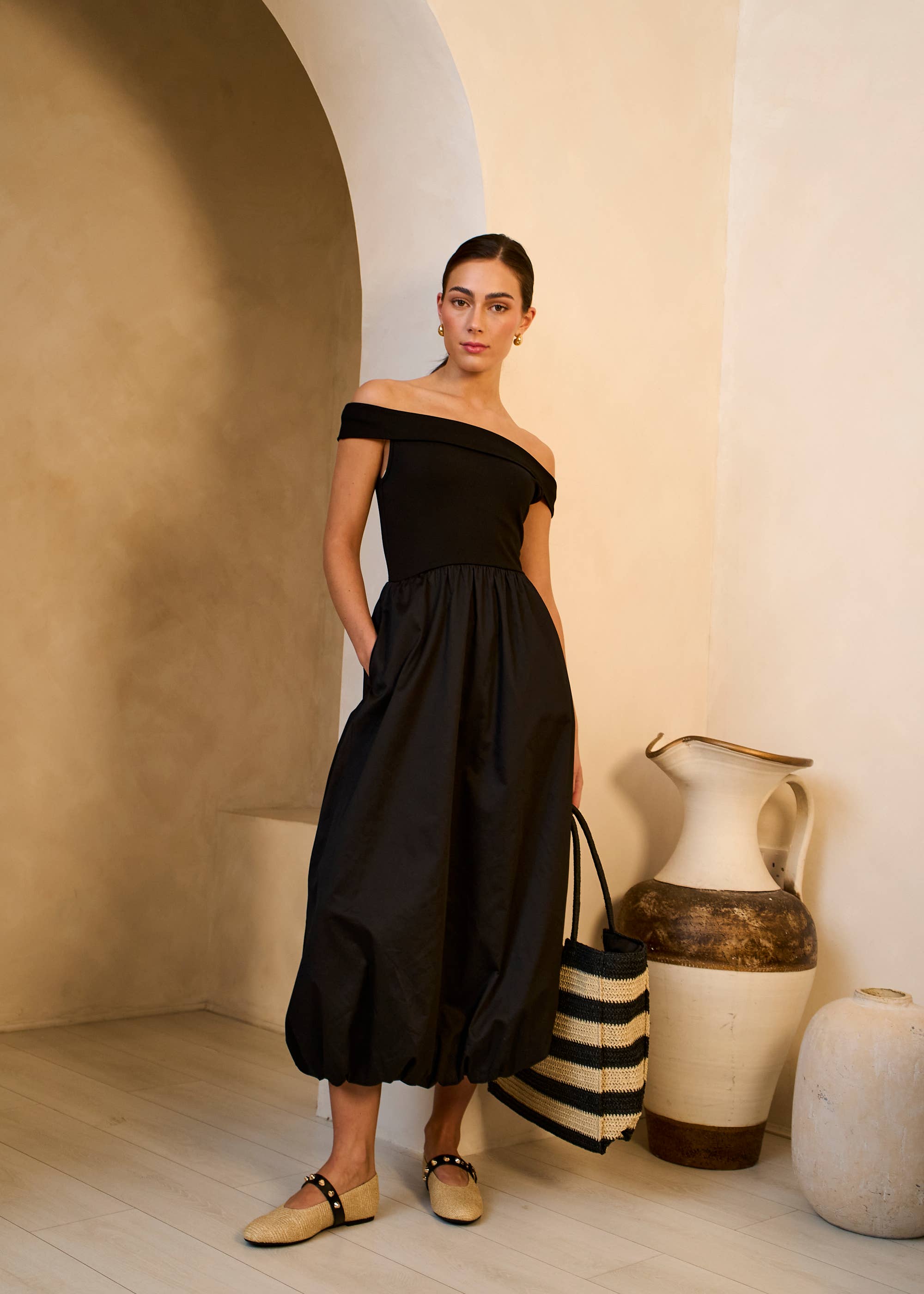 Black Bardot Jersey Mix Bubble Hem Midi Dress