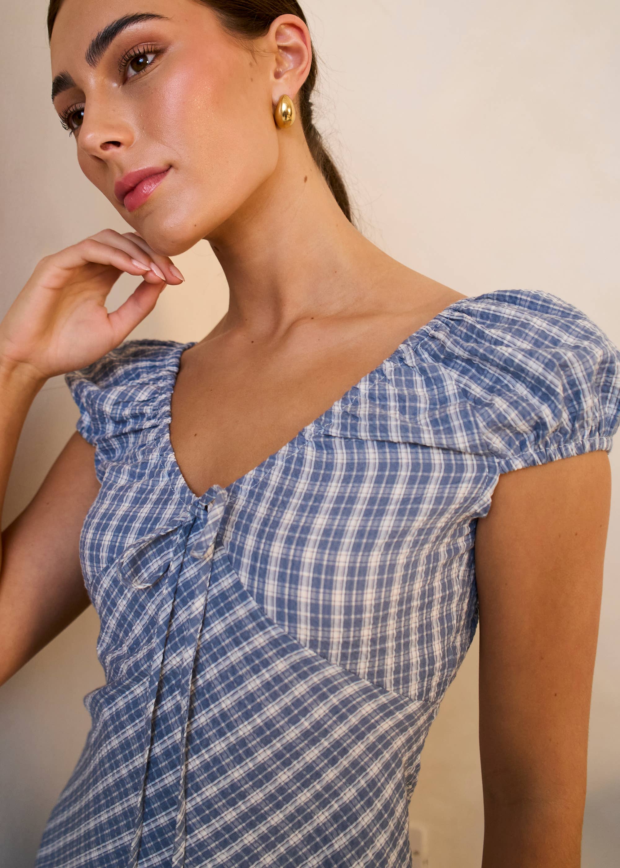 Blue V Neck Textured Gingham Midi Dress