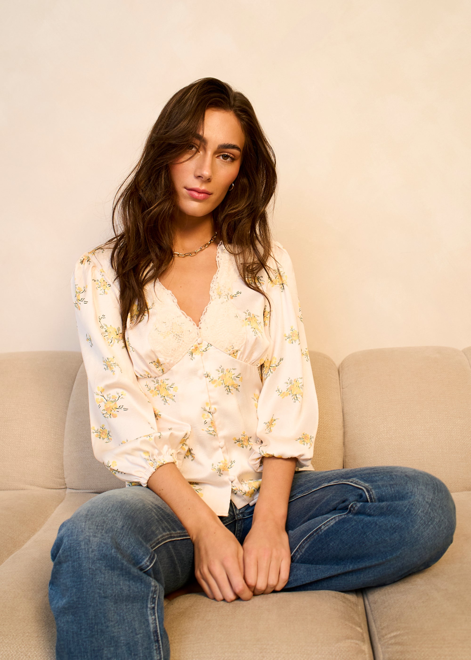Lace Trim Satin Button Through Blouse