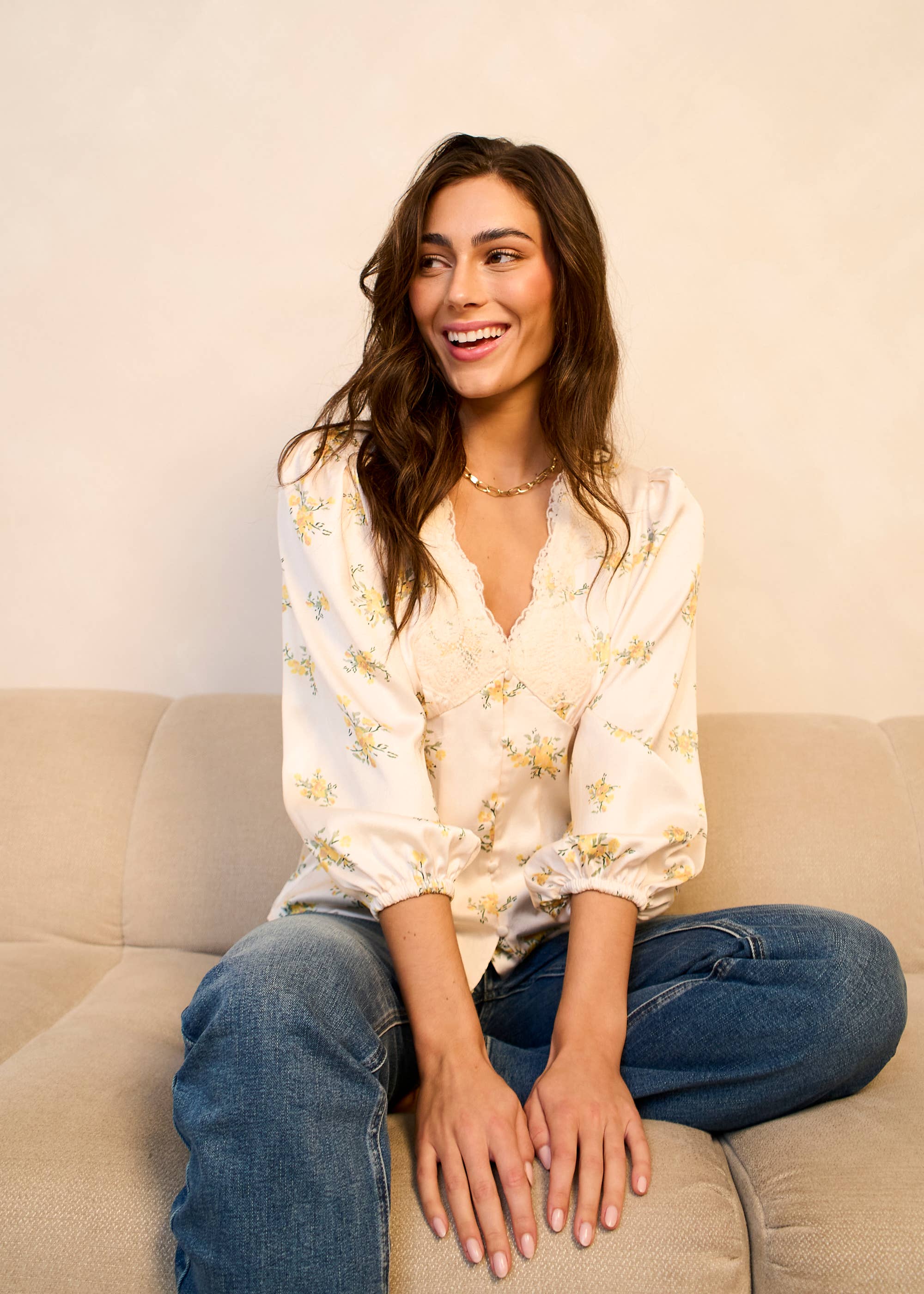 Cream Lace Trim Satin Button Through Blouse