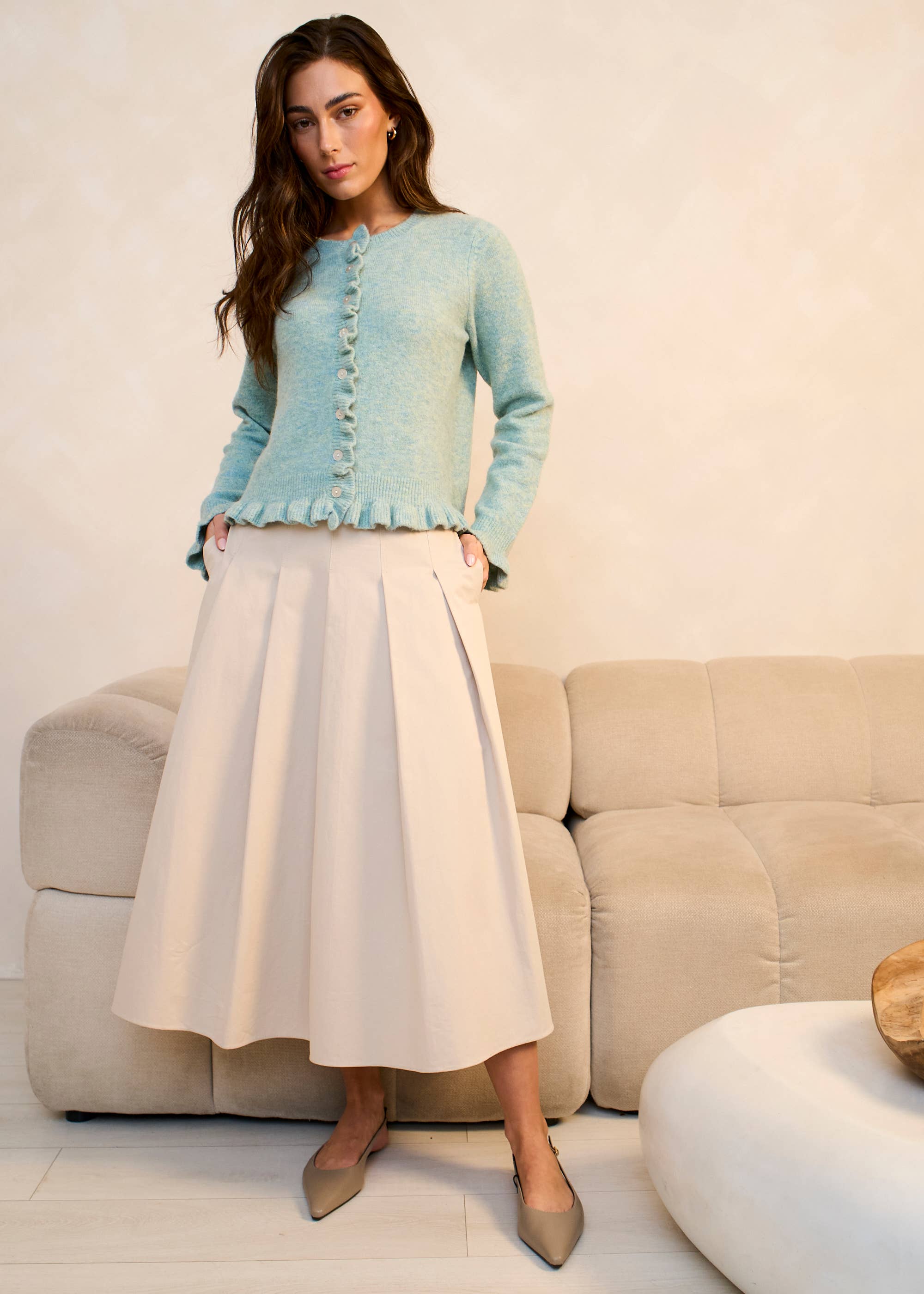 Green Long Sleeve Ruffle Front Cardigan