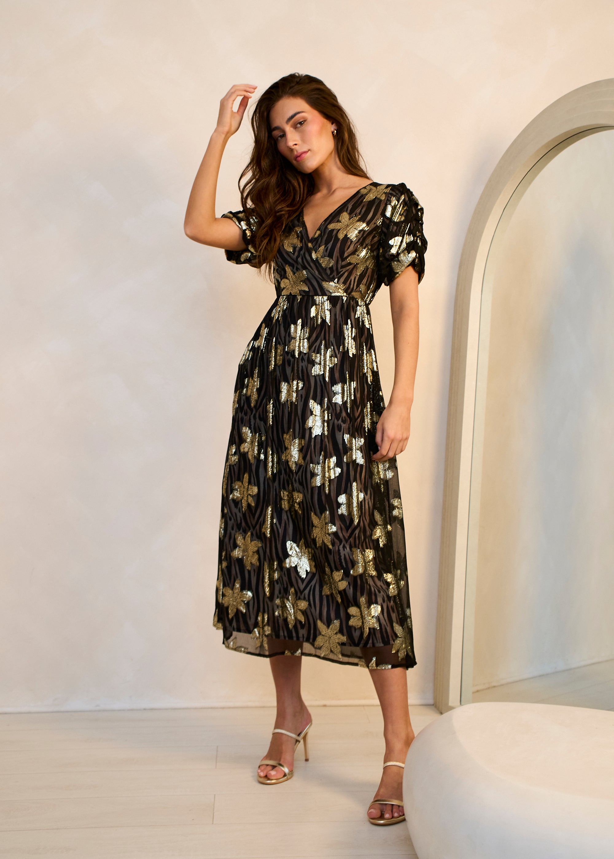 Black Floral Lurex Animal Wrap Front Dress