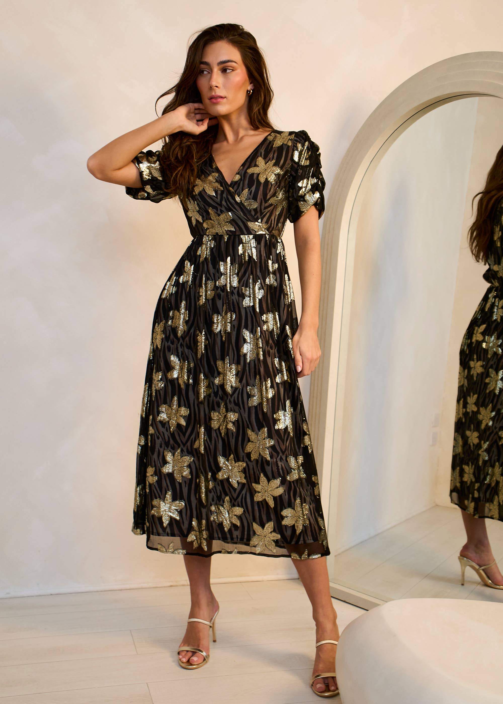 Black Floral Lurex Wrap Front Dress