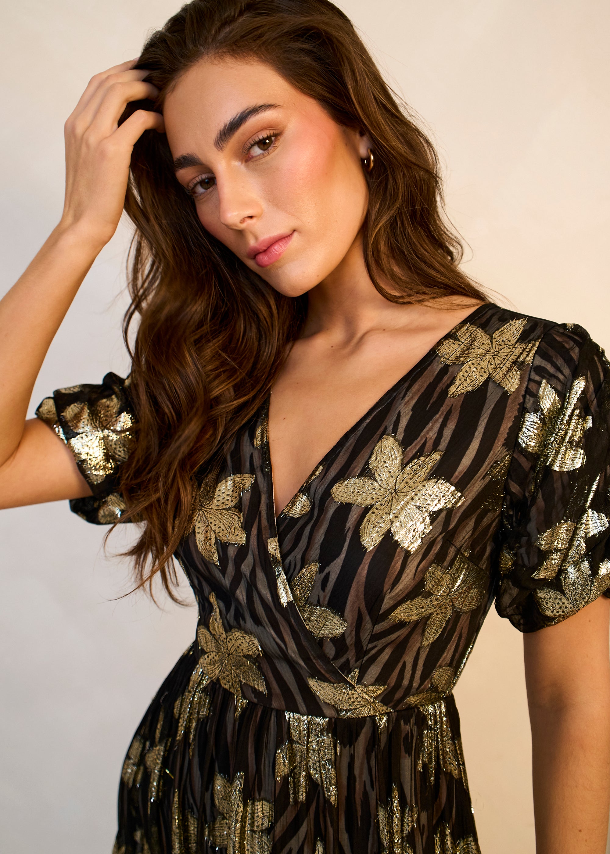 Black Floral Lurex Animal Wrap Front Dress