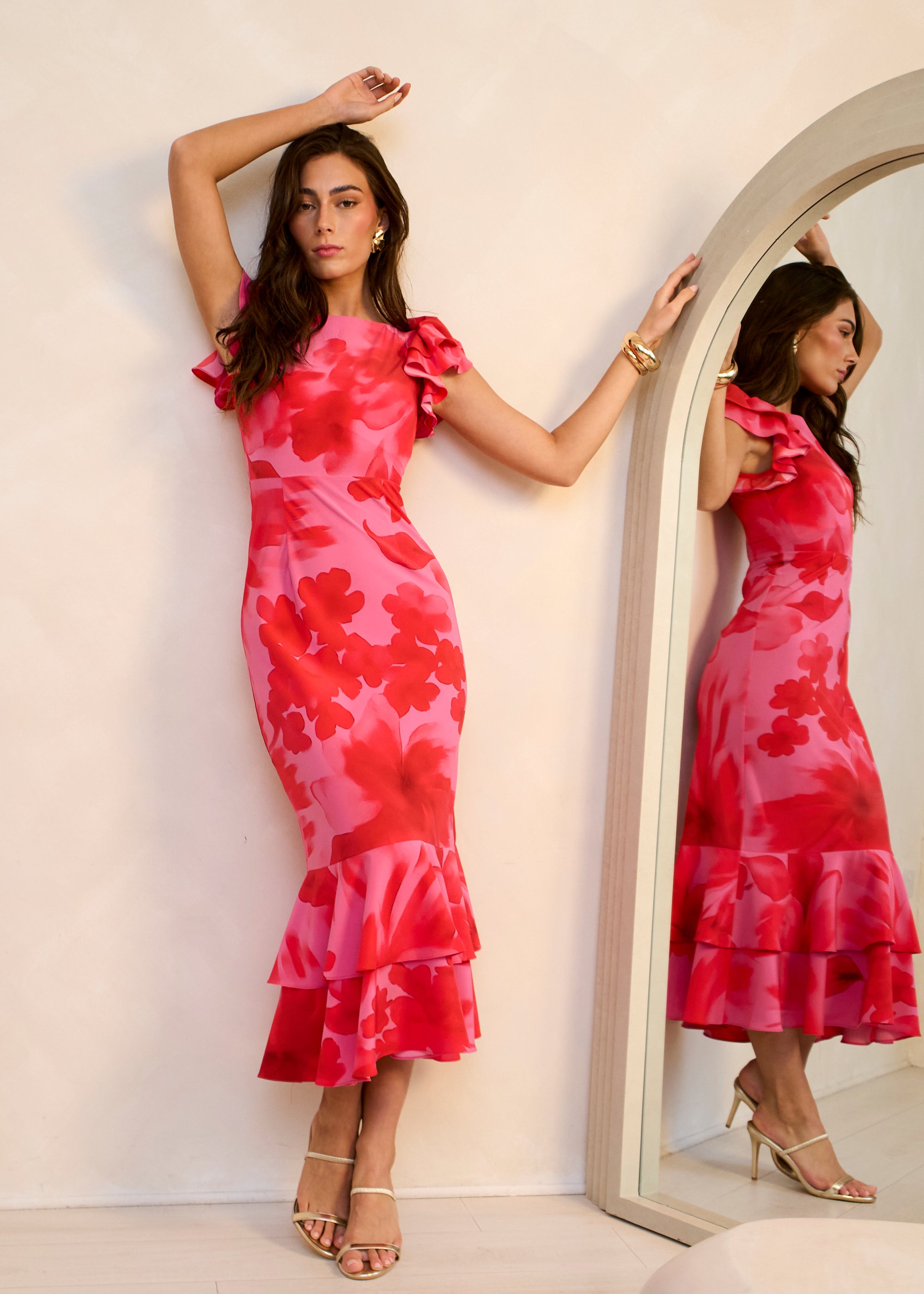Watercolour Floral Print Ruffle Midaxi Dress