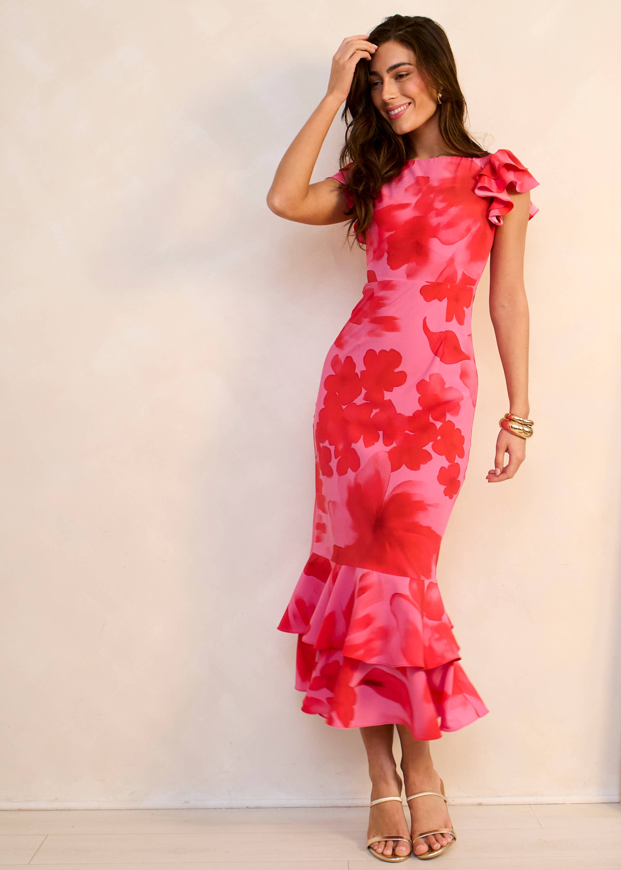 Pink Watercolour Floral Print Ruffle Midaxi Dress