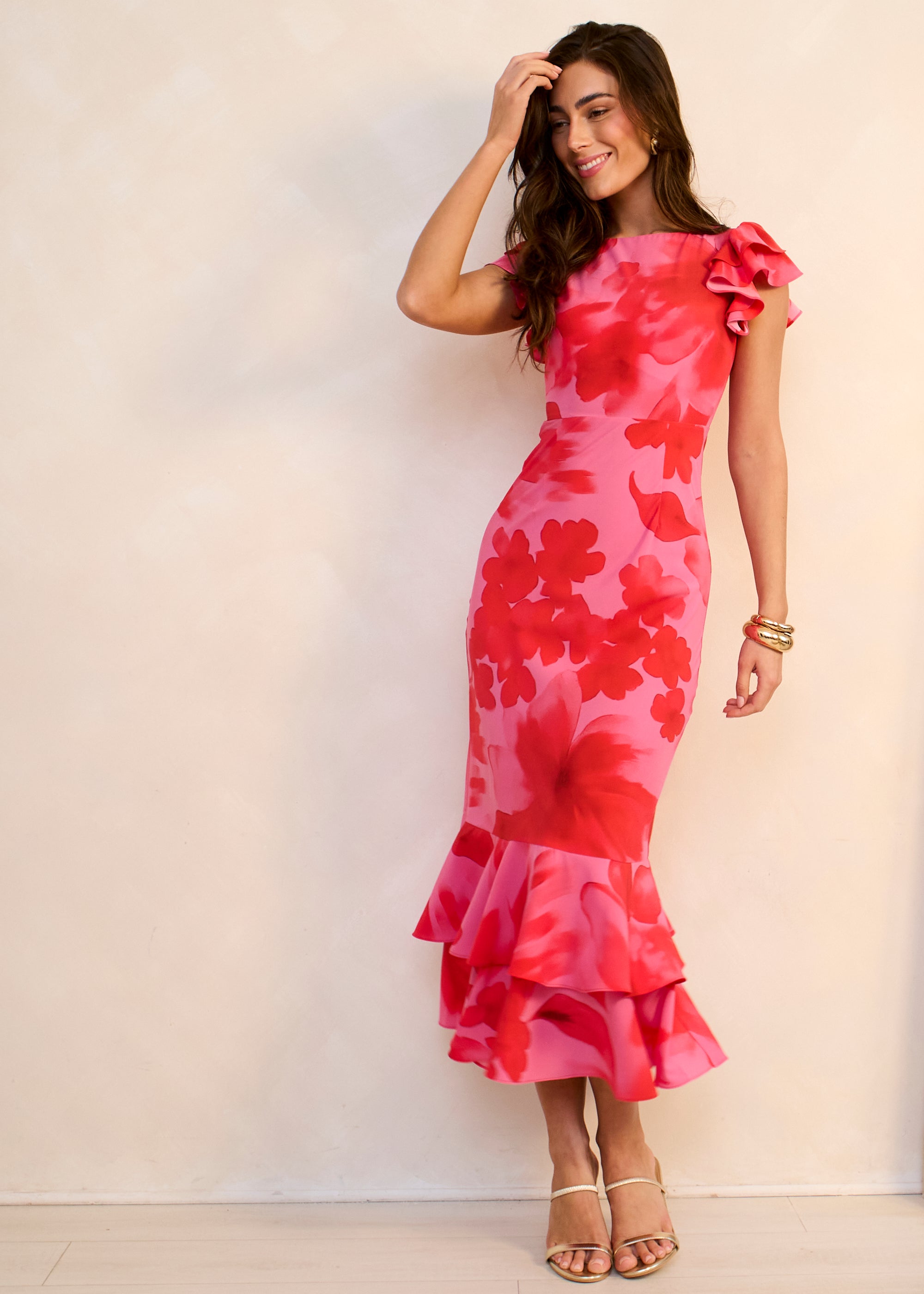 Pink Watercolour Floral Print Ruffle Midaxi Dress