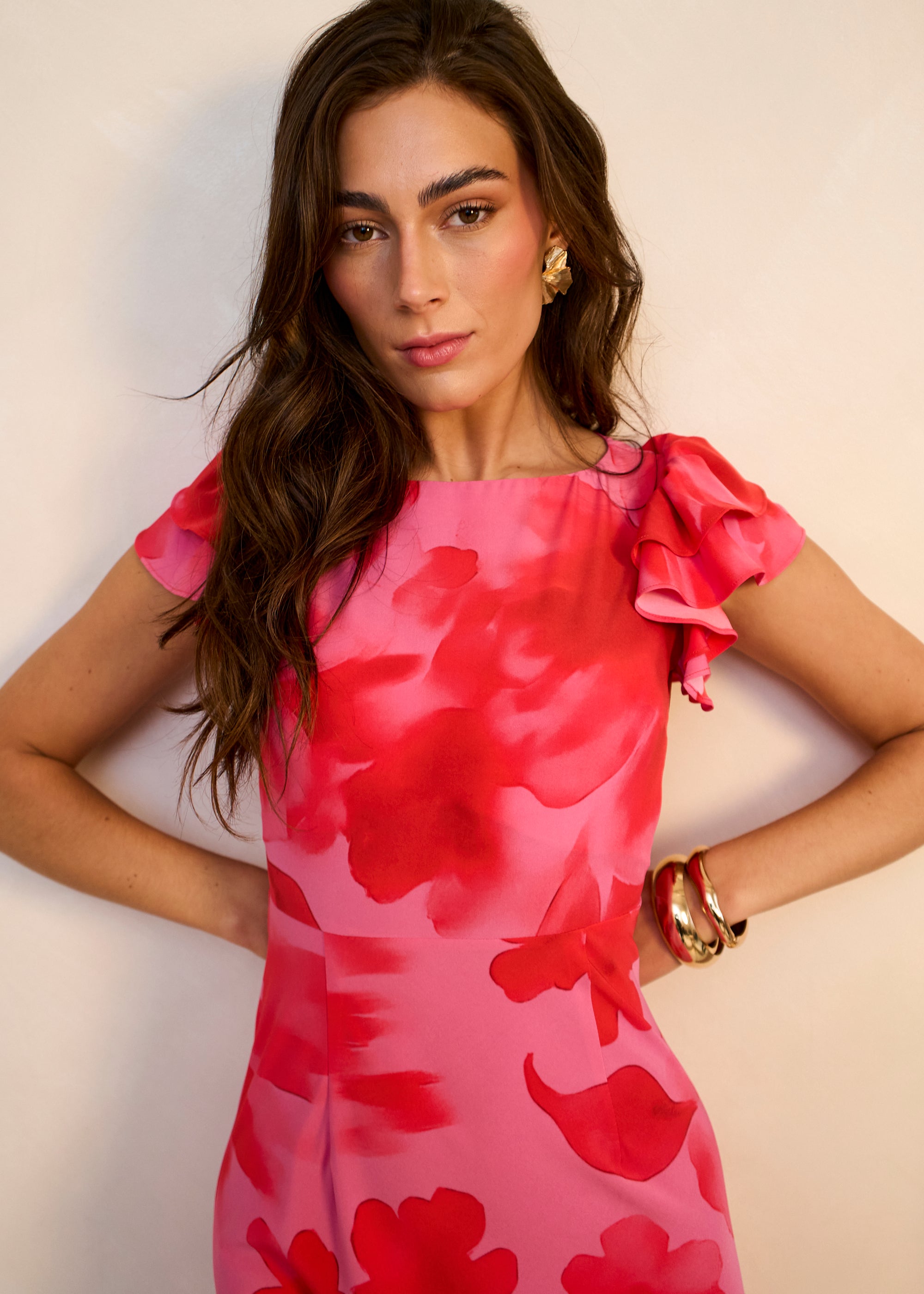 Pink Watercolour Floral Print Ruffle Midaxi Dress