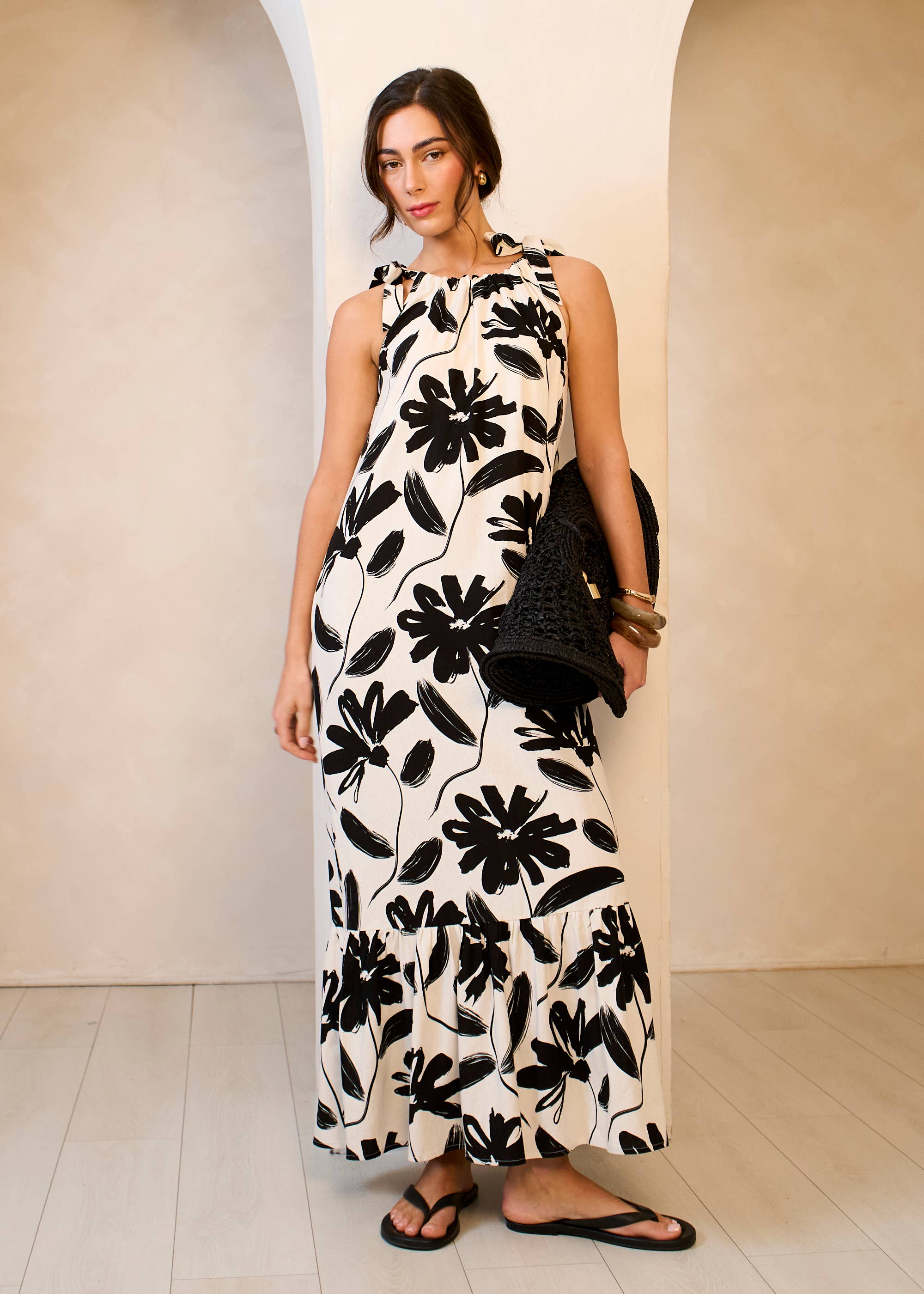 Mono Floral Print Tie-Shoulder Belted Trapeze Dress