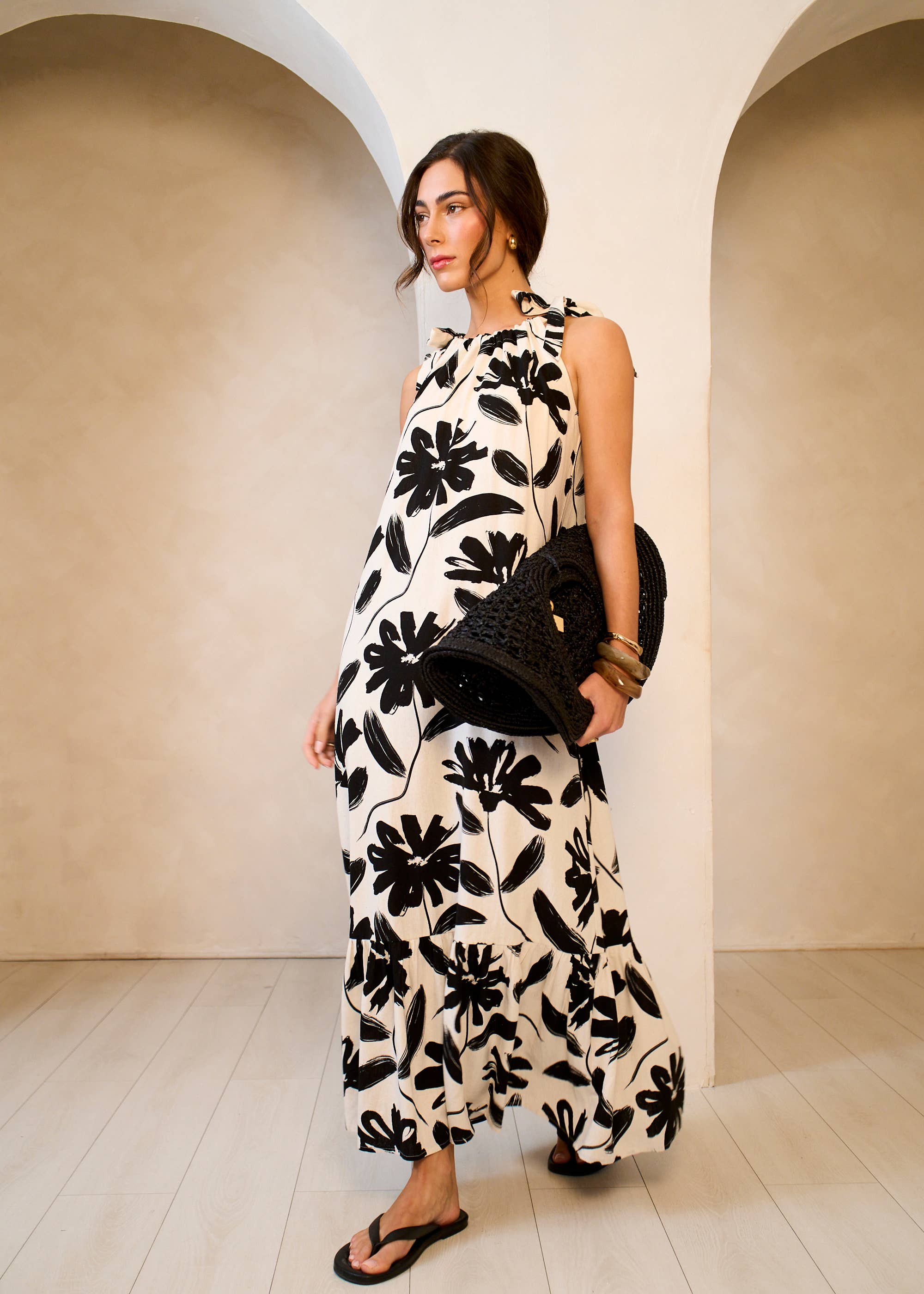 Mono Floral Print Tie-Shoulder Belted Trapeze Dress