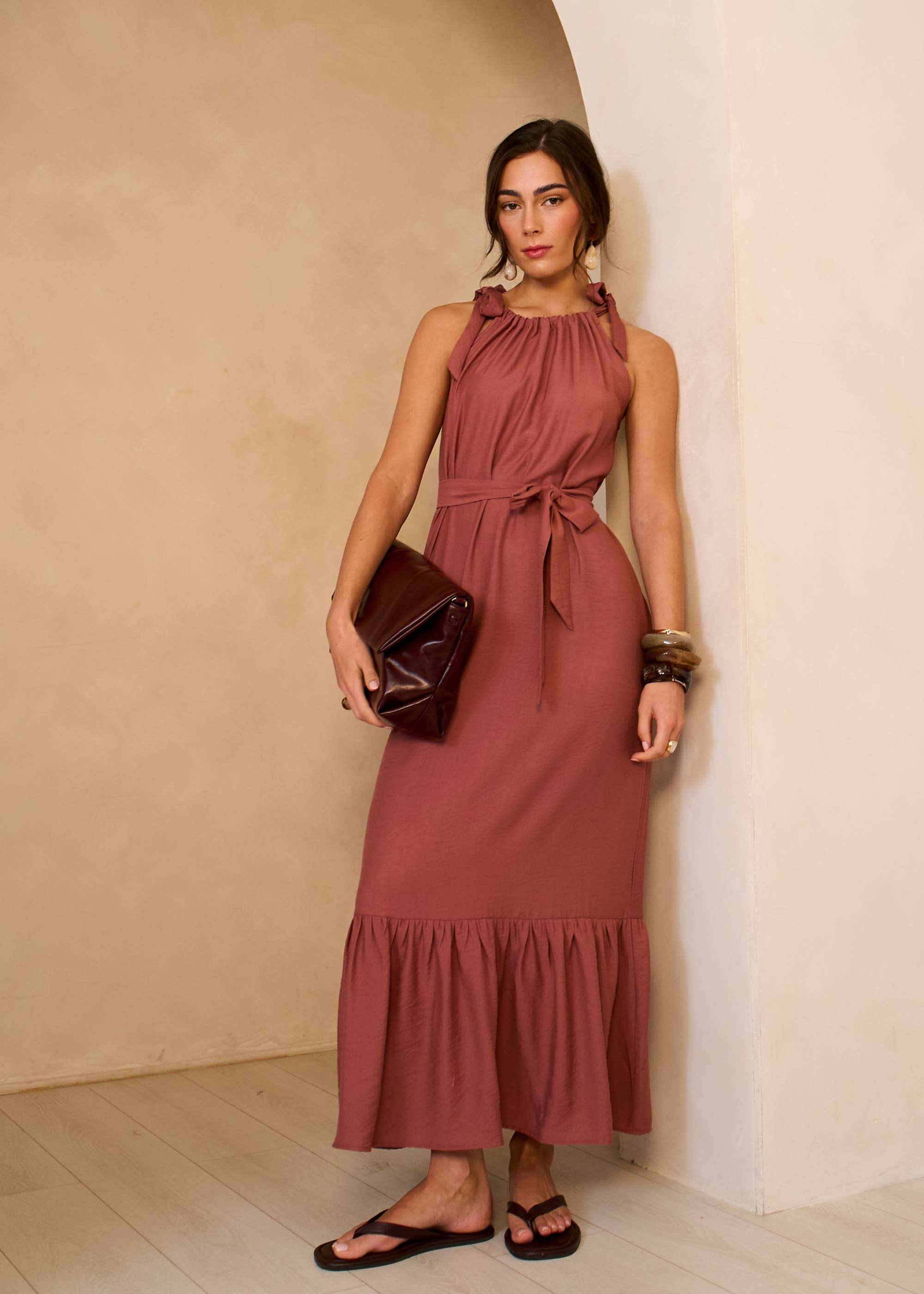 Rust Tie Shoulder Trapeze Maxi Dress