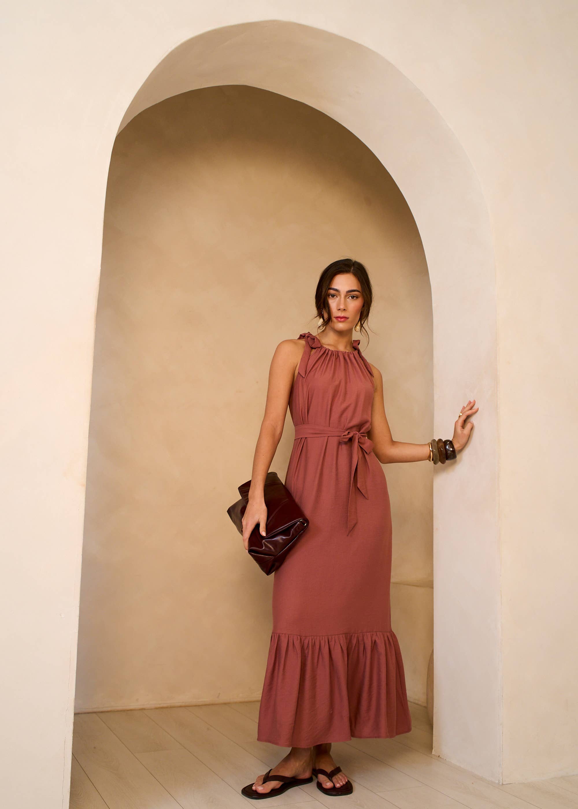 Rust Tie Shoulder Trapeze Maxi Dress