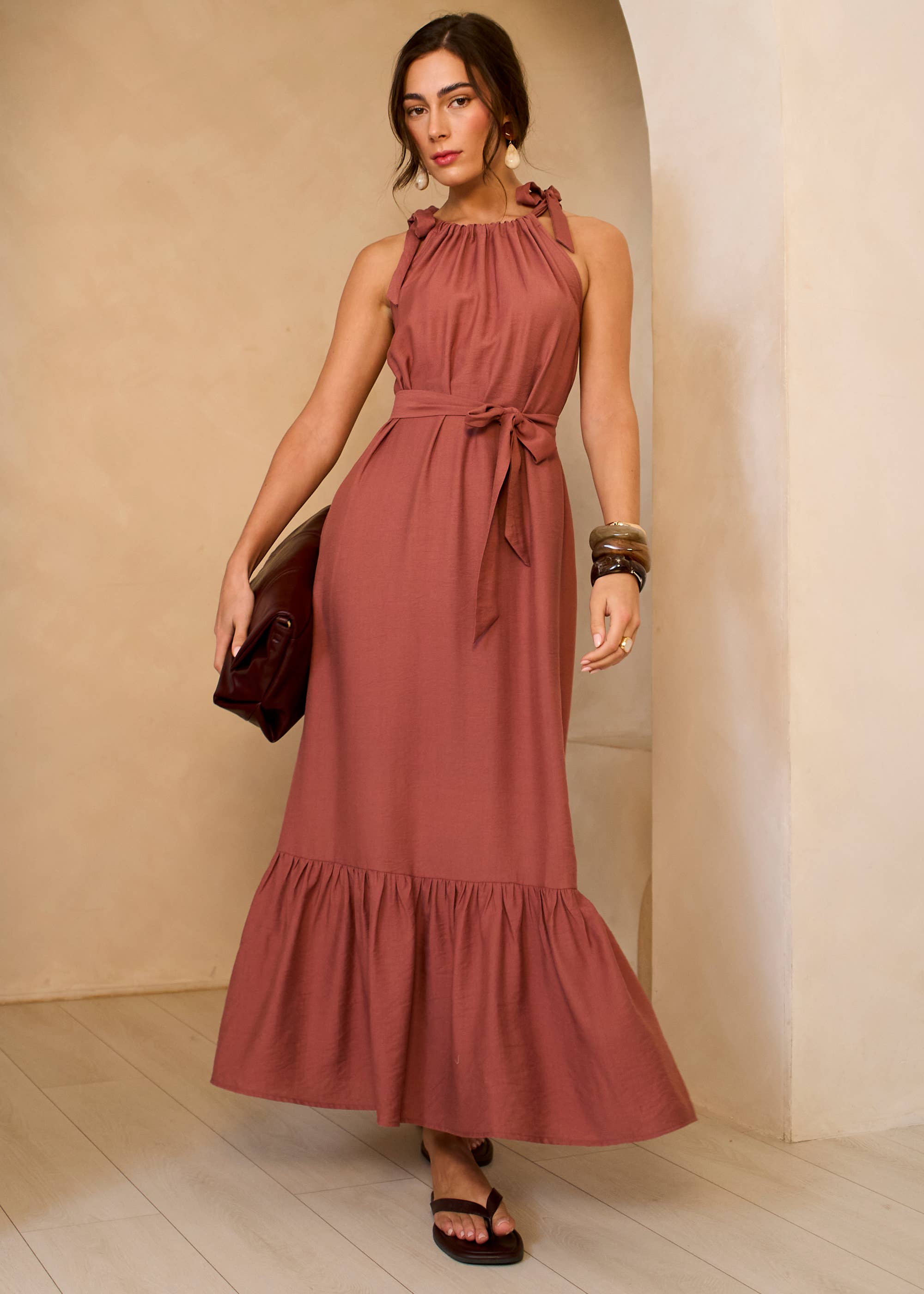 Rust Tie Shoulder Trapeze Maxi Dress