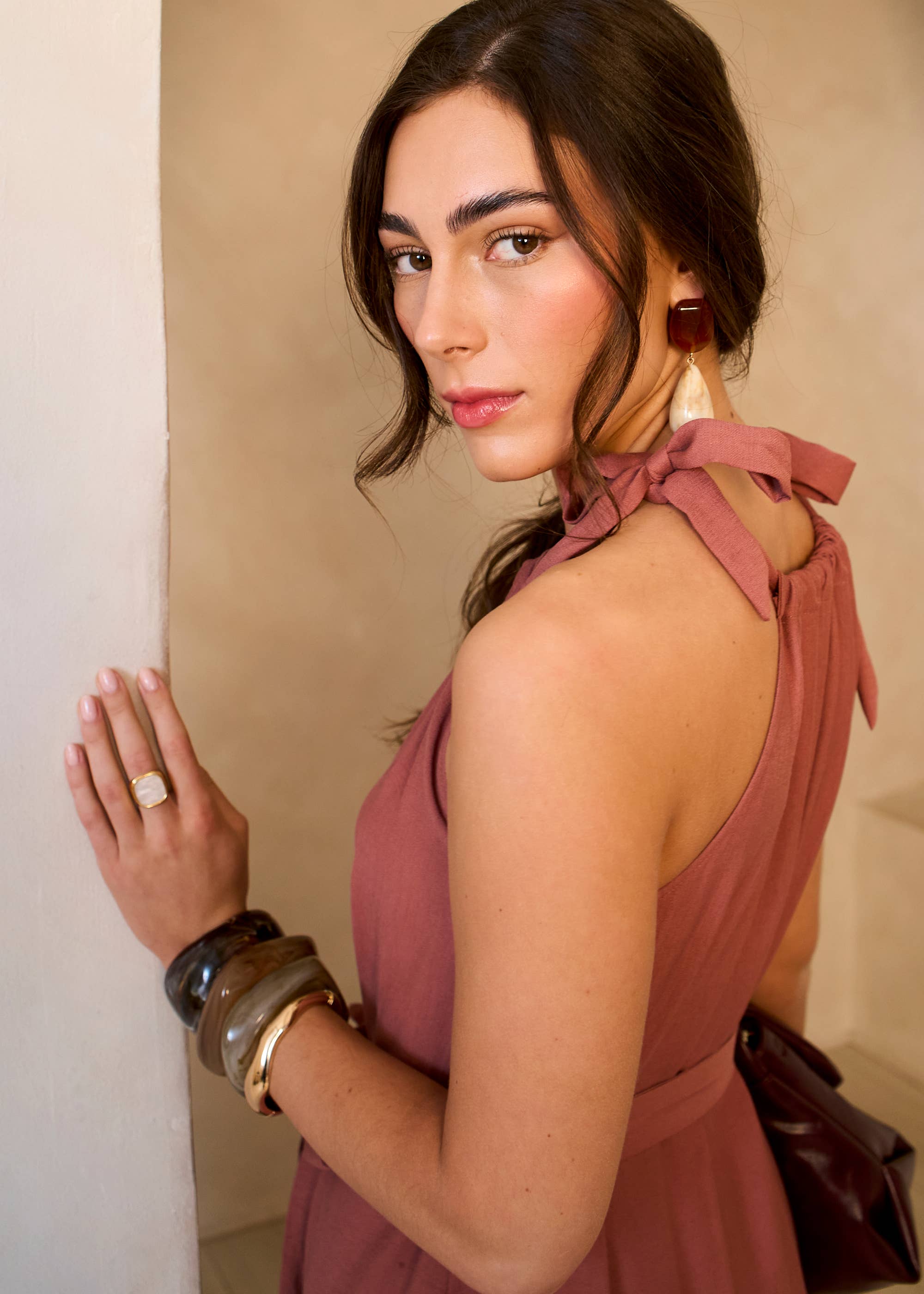 Rust Tie Shoulder Trapeze Maxi Dress