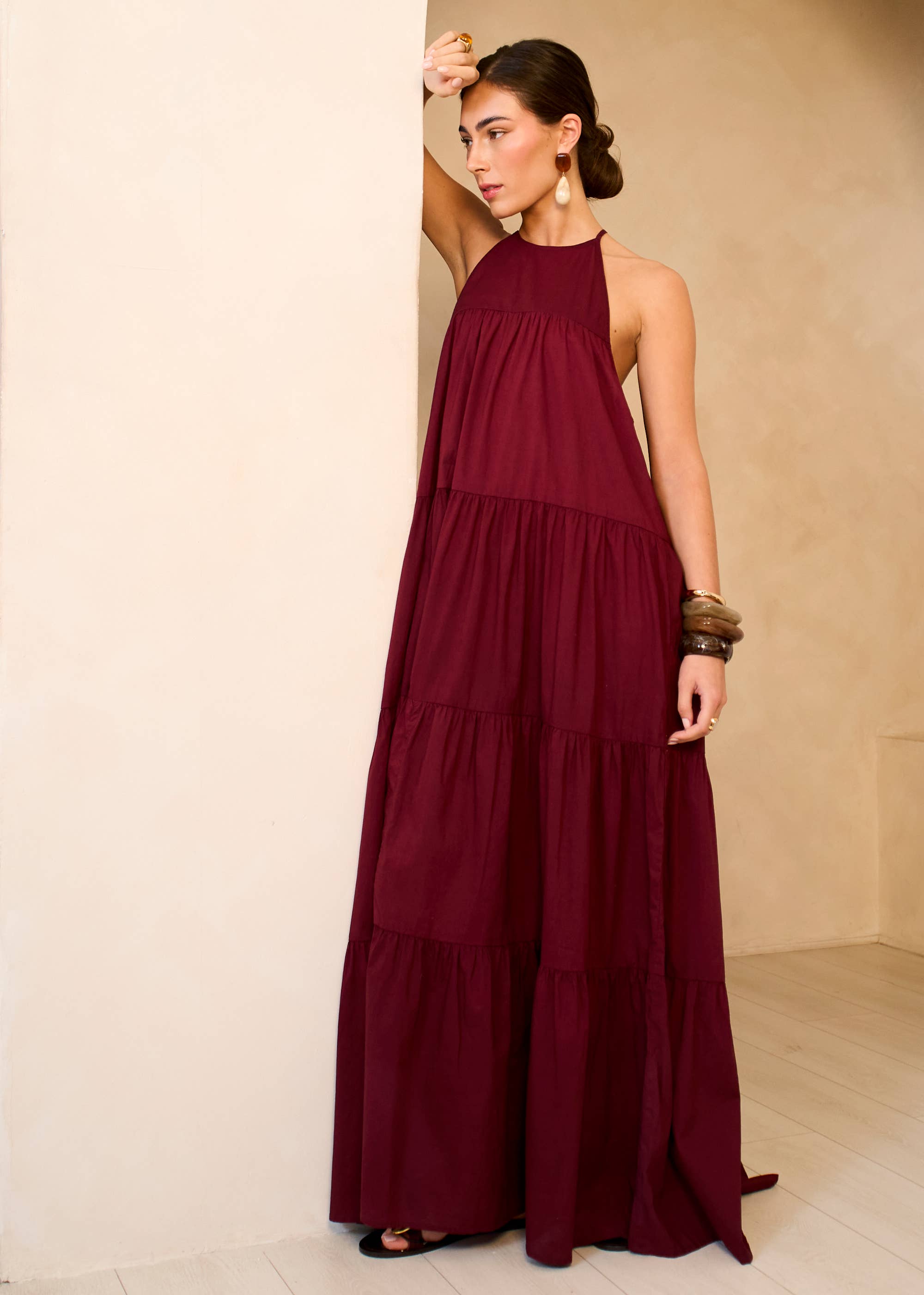 Mulberry Tiered Halter Maxi Trapeze Dress