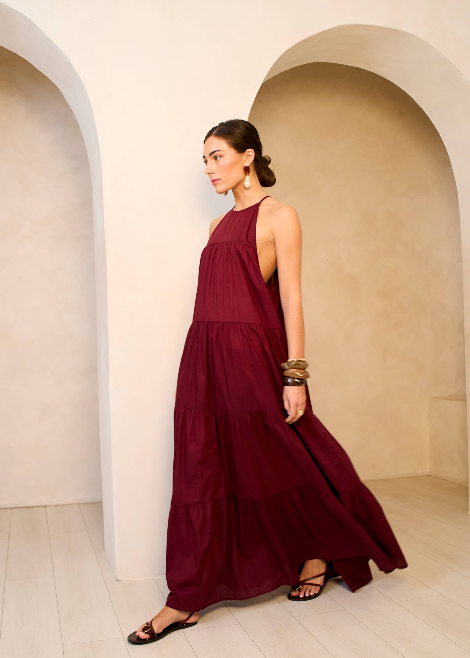 Mulberry Tiered Halter Maxi Trapeze Dress