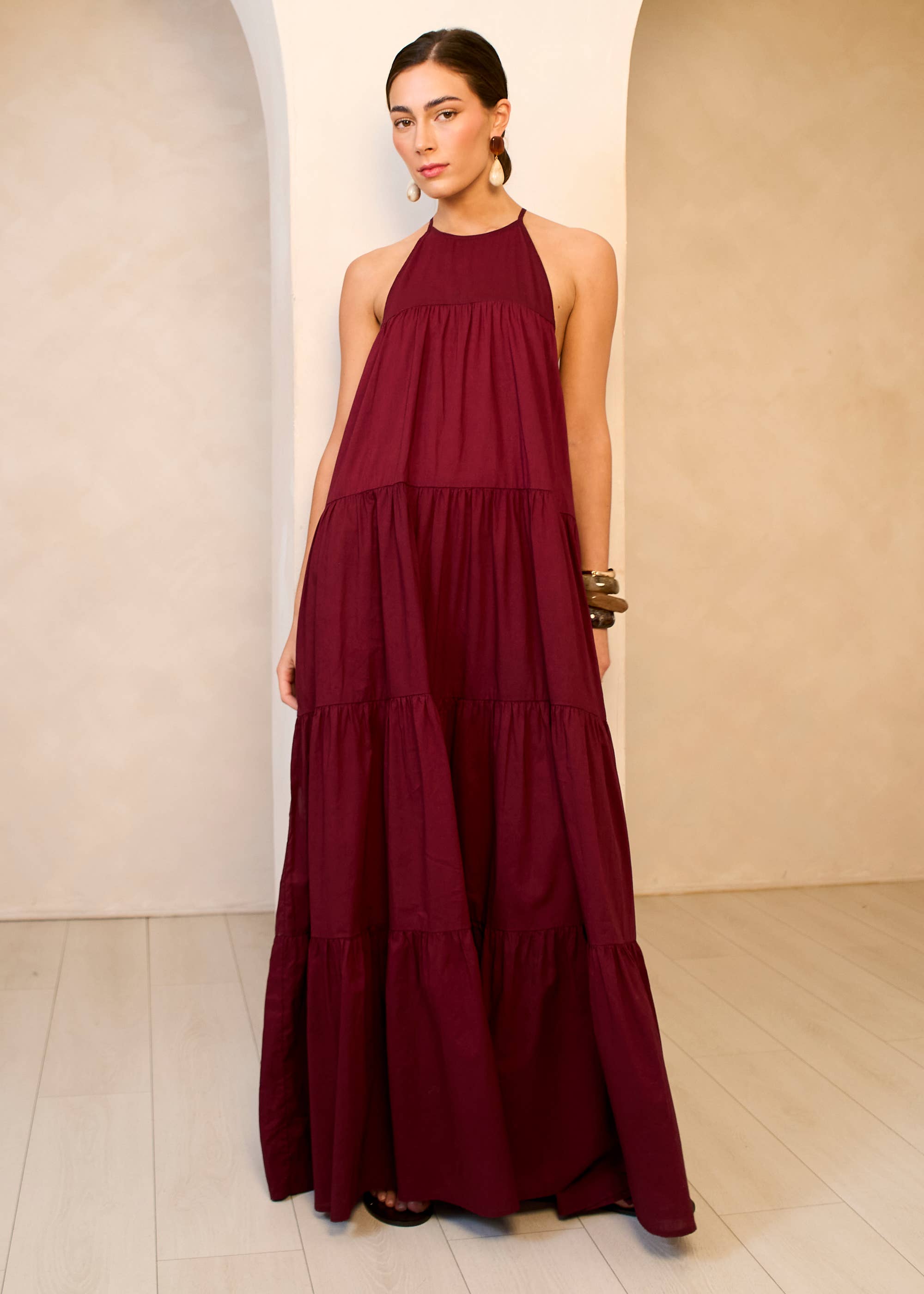 Mulberry Tiered Halter Maxi Trapeze Dress