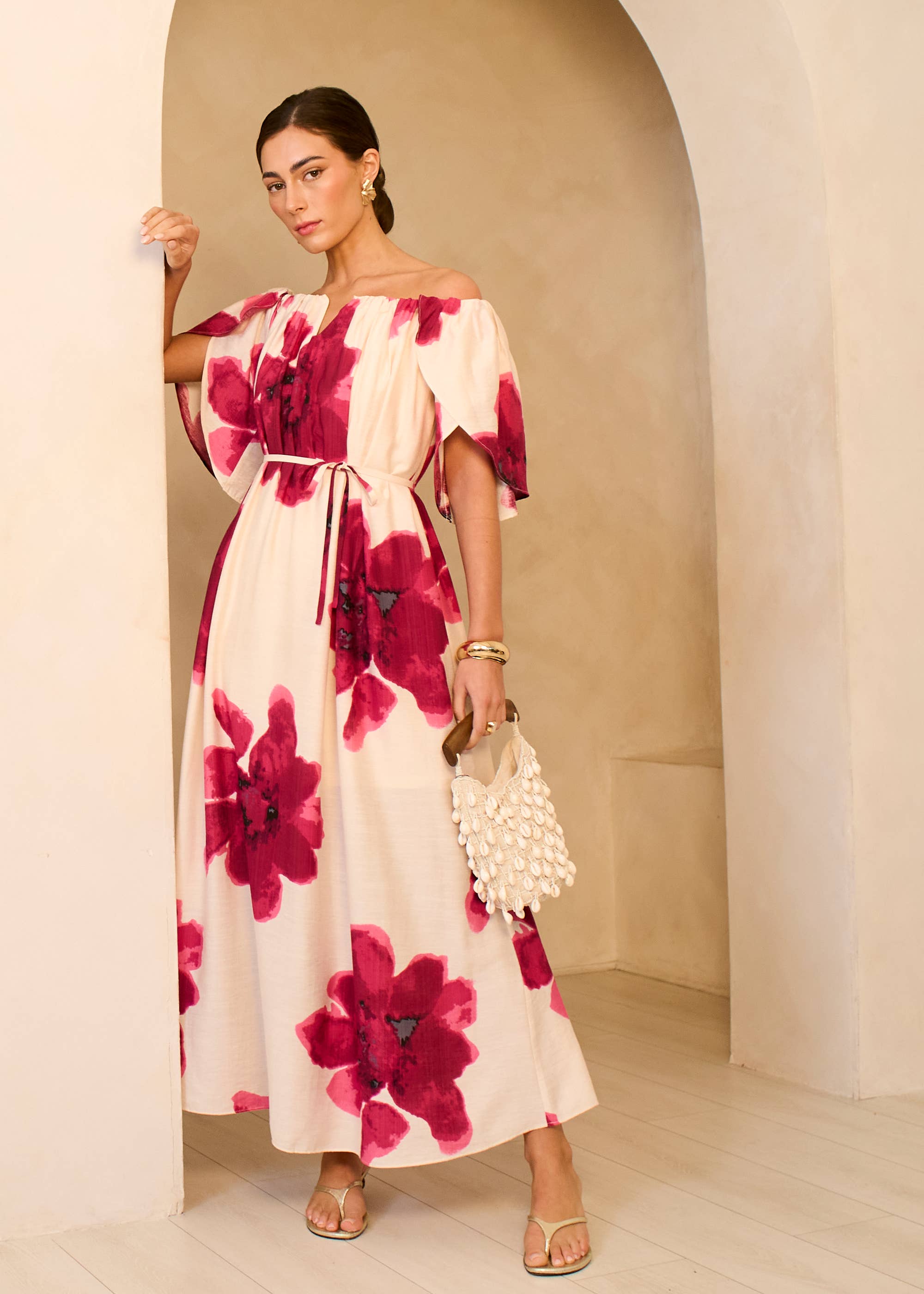 Pink Bardot Trapeze Maxi Dress