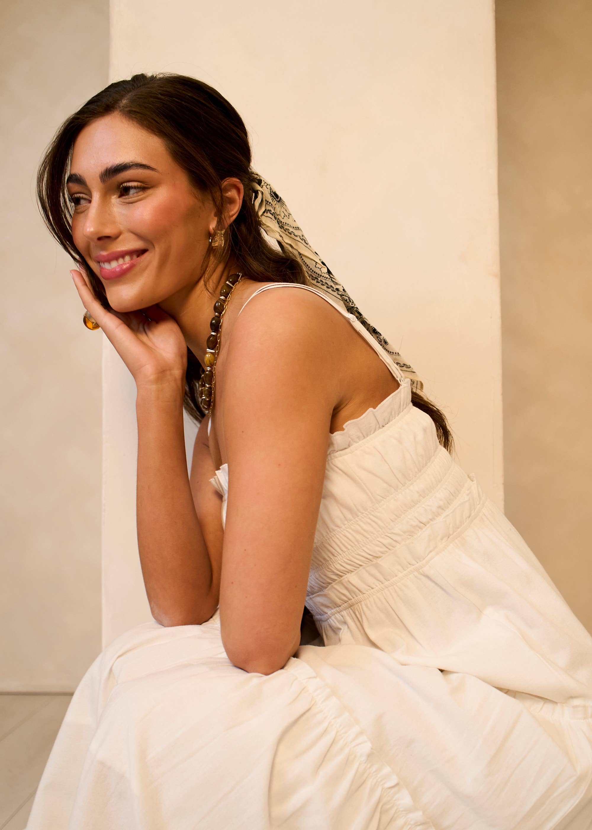 White Cotton Shirred Strappy Flare Maxi Dress