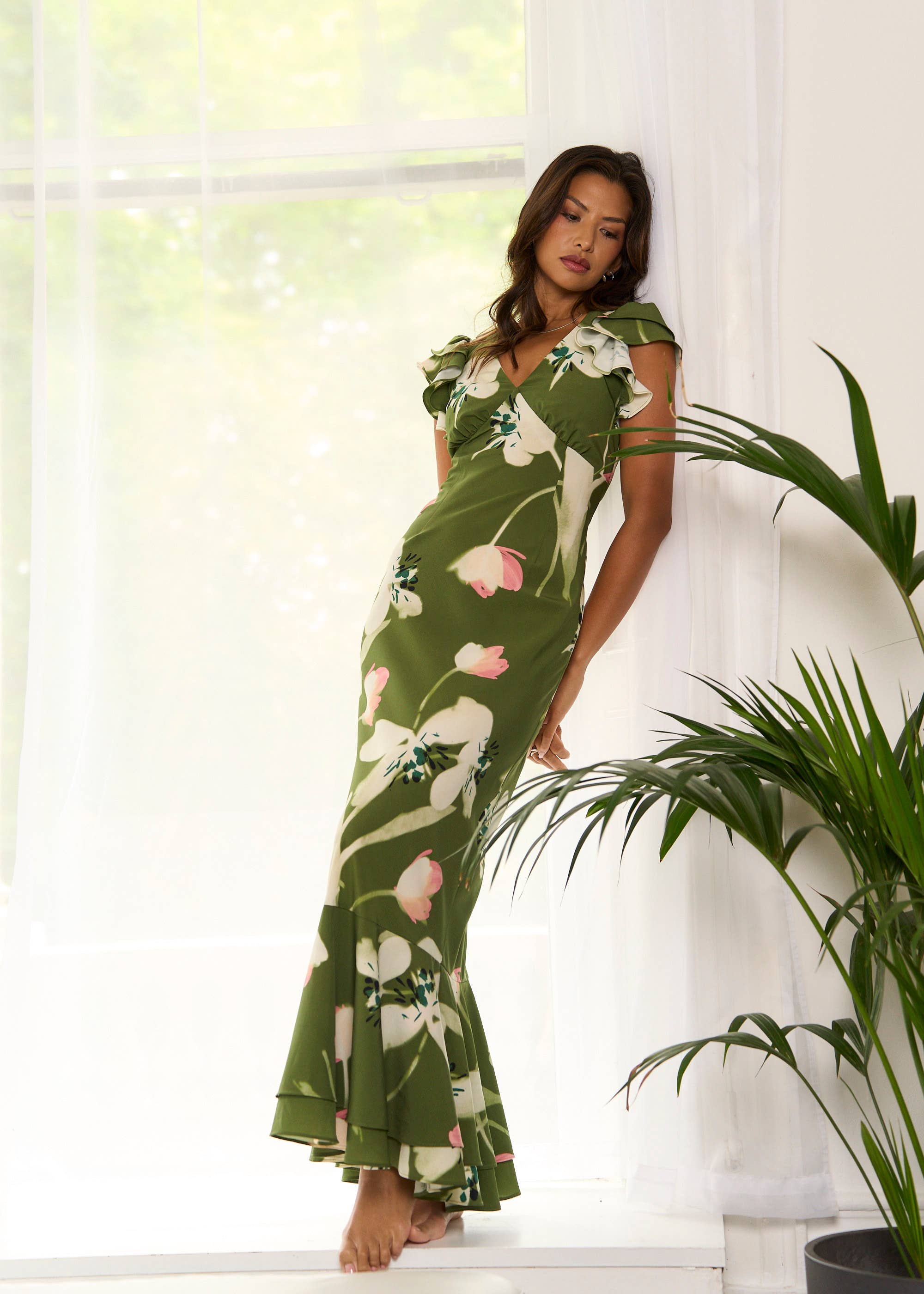 Green Floral Ruffle Maxi Dress