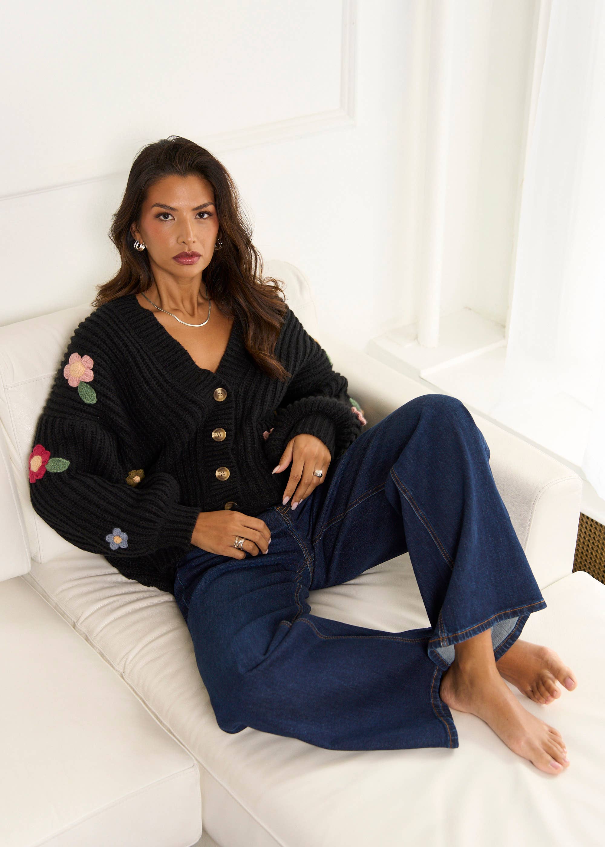 Black 3D Floral Chunky Knit Cardigan