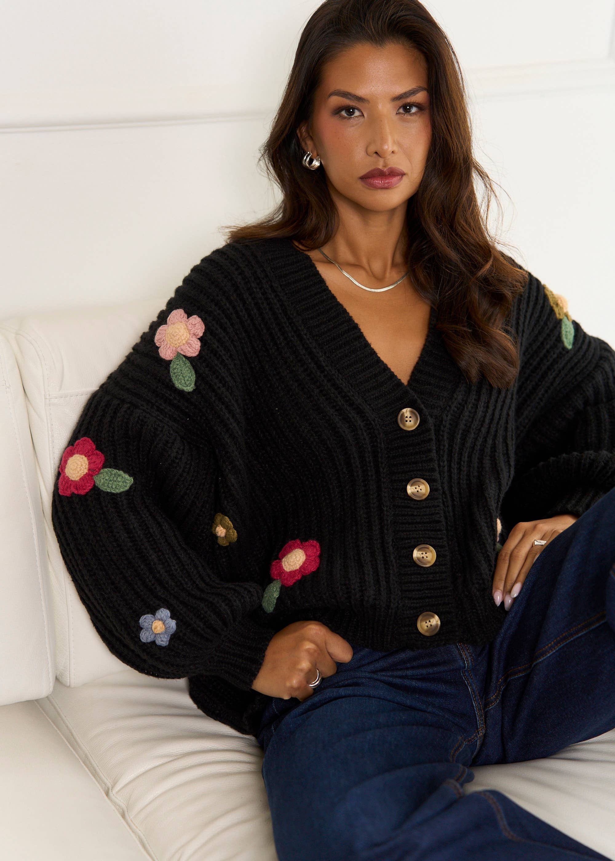 Black 3D Floral Chunky Knit Cardigan