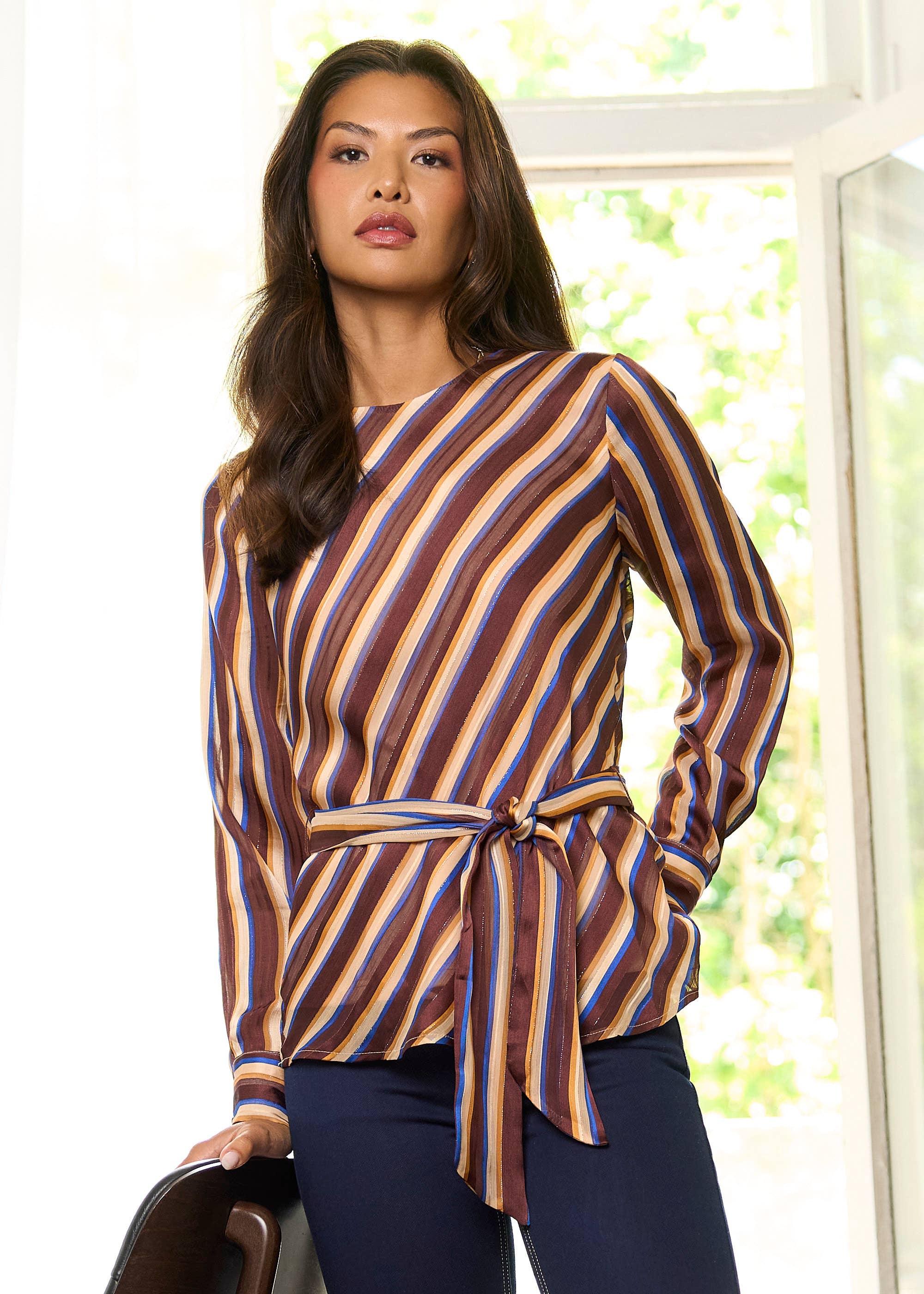 Brown Diagonal Stripe Sparkle Belted Blouse