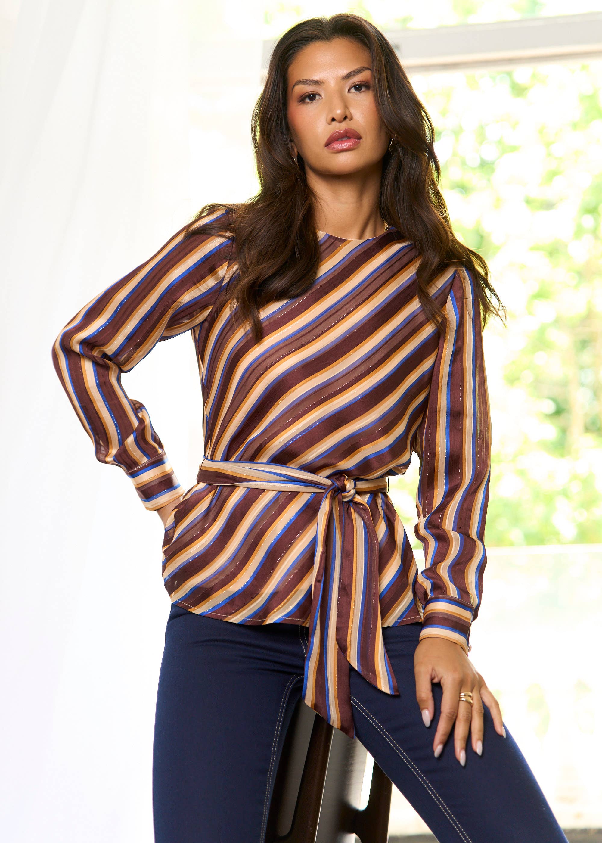 Brown Diagonal Stripe Sparkle Belted Blouse
